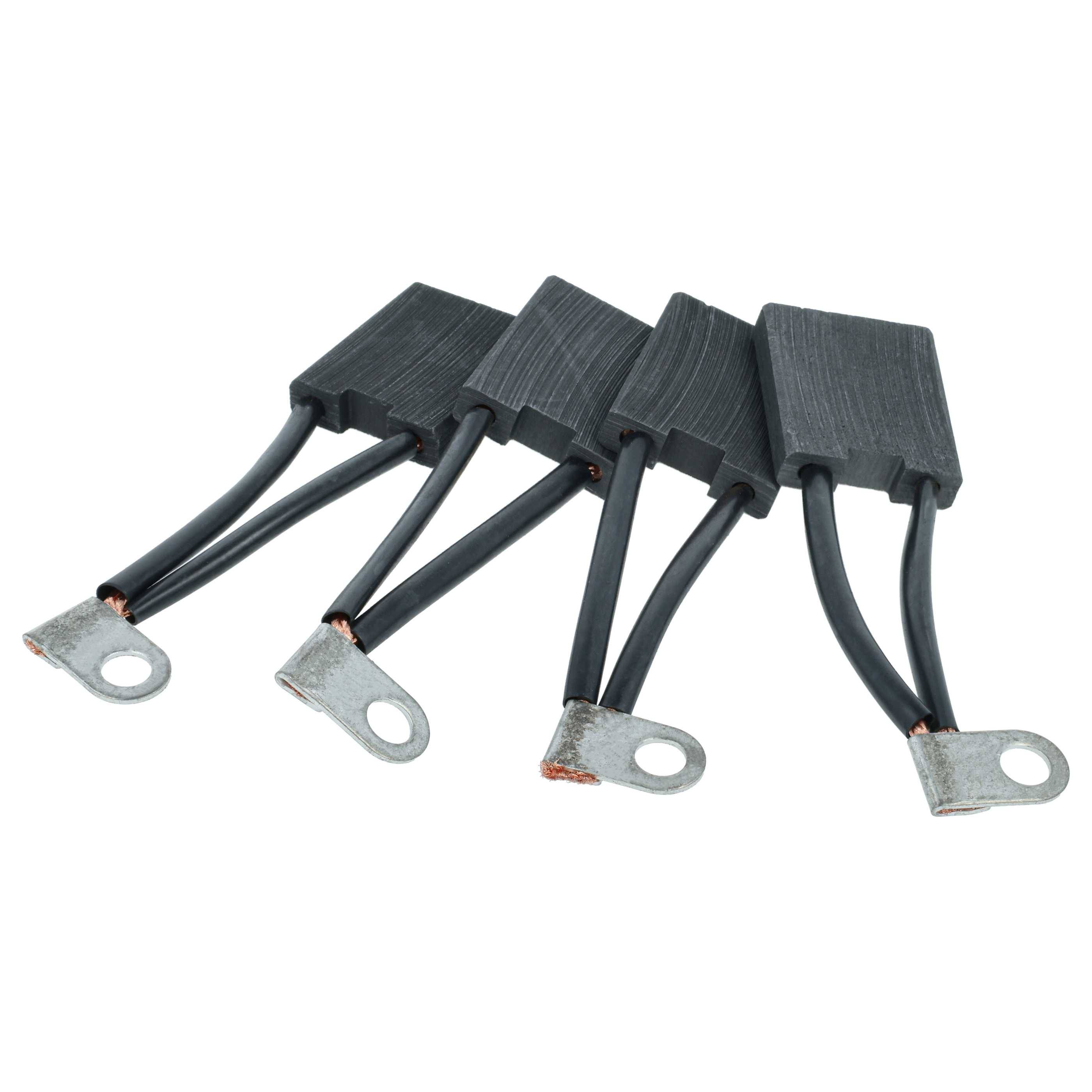 Vier schwarze Kohlemotorbürsten mit angeschlossenen Metallanschlüssen sind diagonal ausgerichtet.