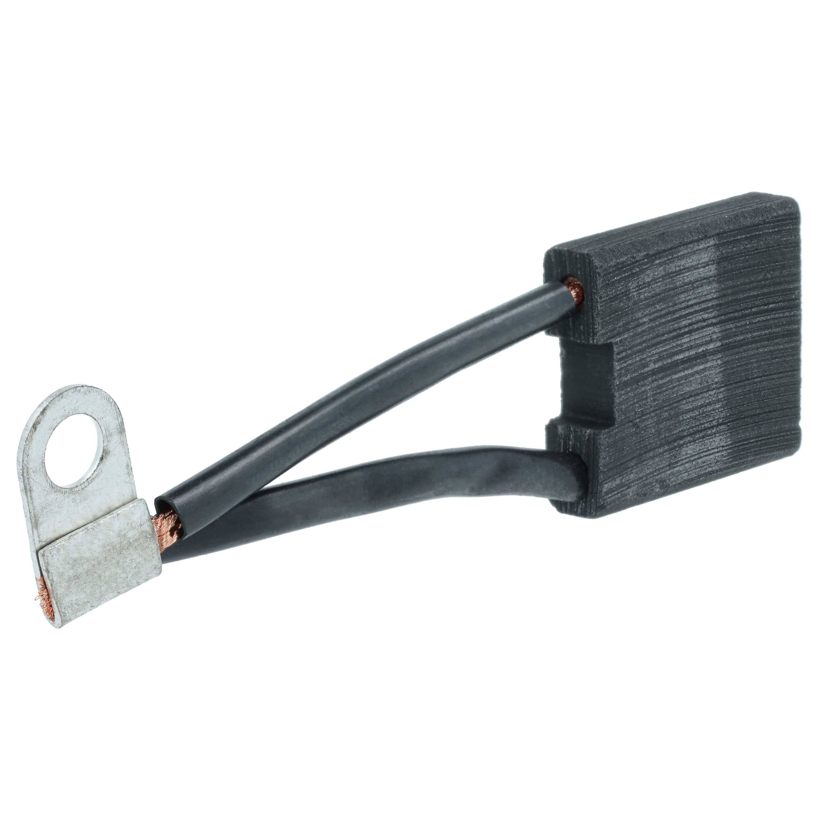 Ein rechteckiger Kohleburste mit einer angehängten Metallschlaufe und zwei flexiblen Drähten, der zum Stromleiten in Elektromotoren oder Generatoren verwendet wird.