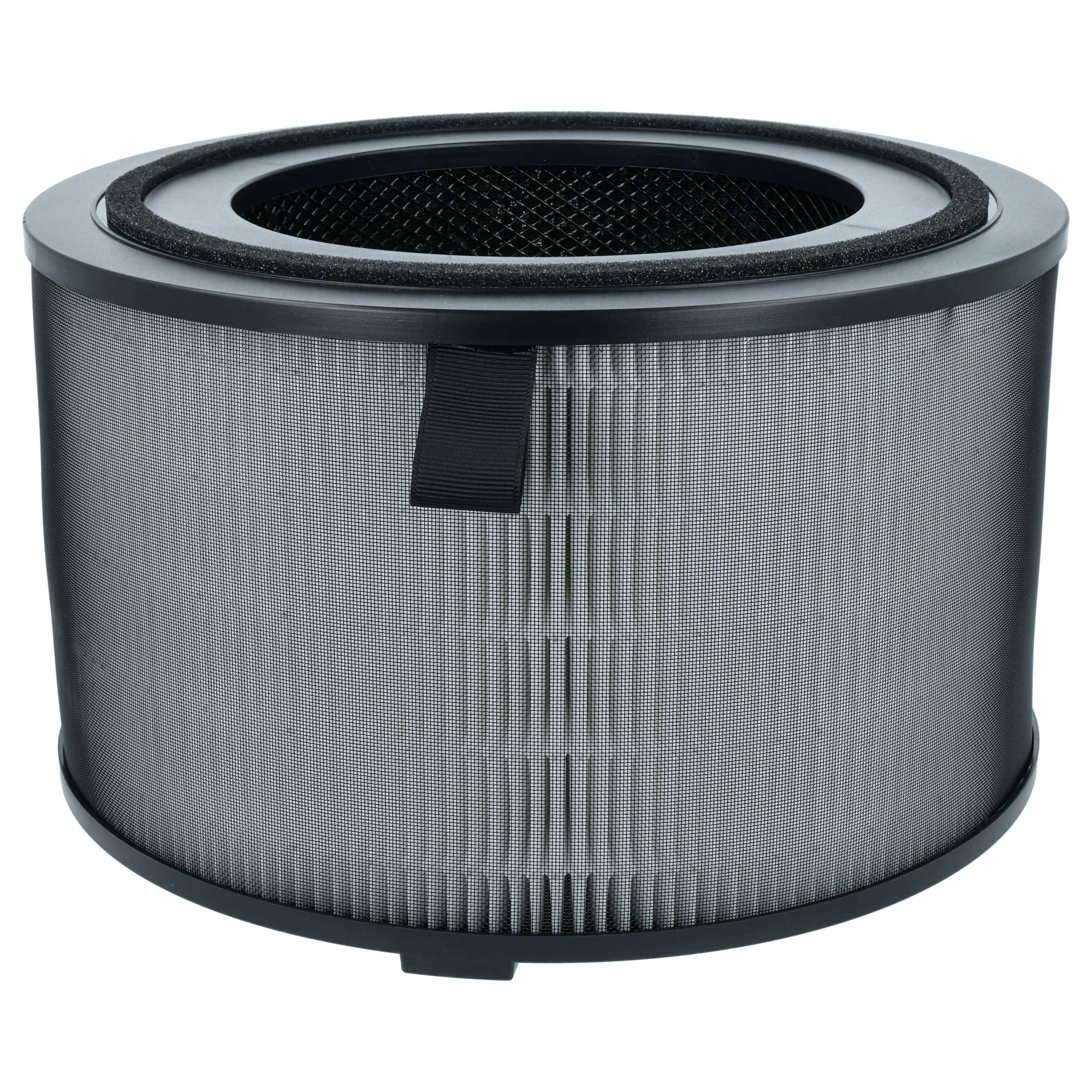 Ein zylindrischer Luftfilter mit gefalteten, weißen Materialien und schwarzem äußerem Rand, ausgestattet mit einem Zuglasche oben für einfache Handhabung.