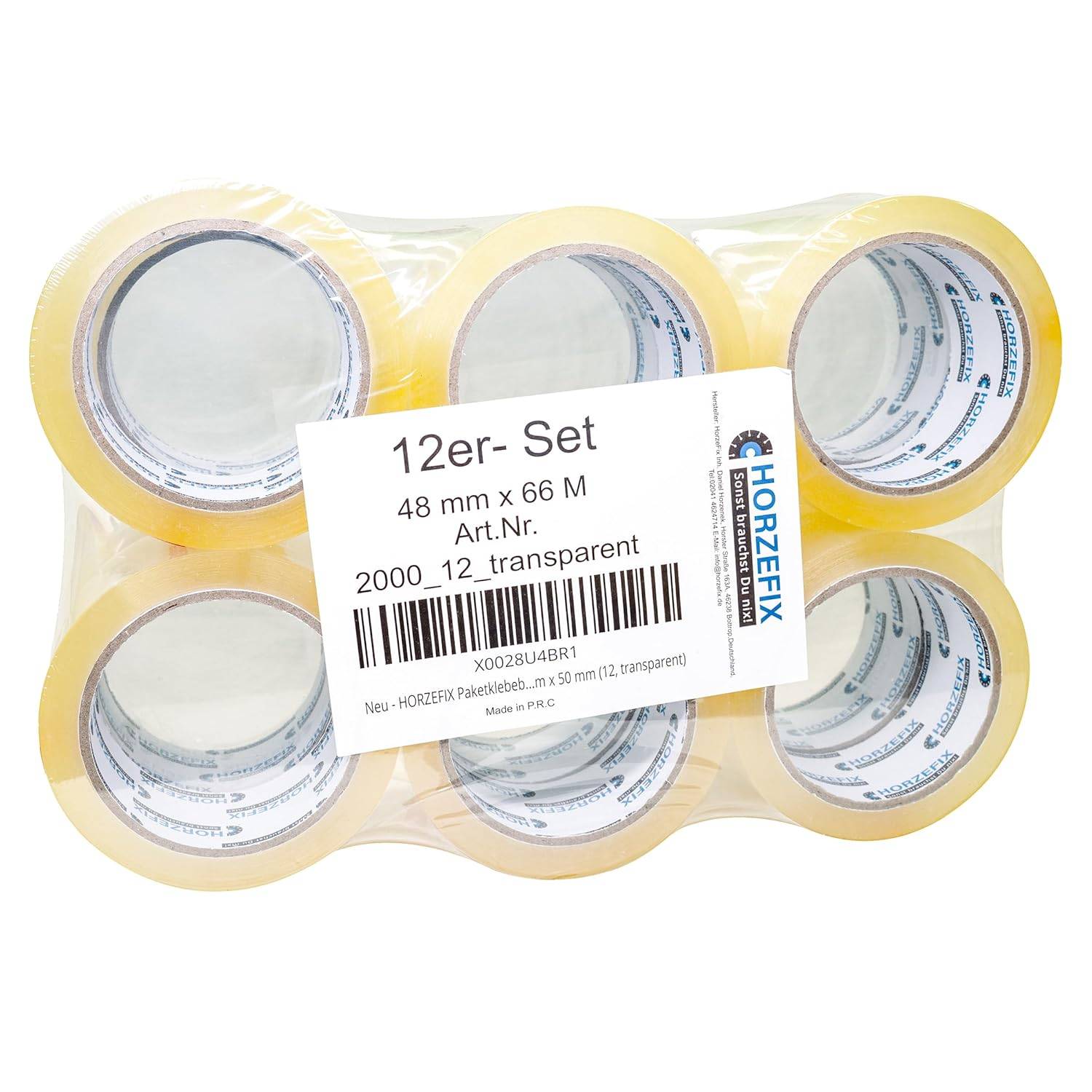 HorzeFix Paketklebeband transparent, 48 mm x 66 m, stark & leise, universell für Versand & Umzug, 12er Pack (12, transparent)