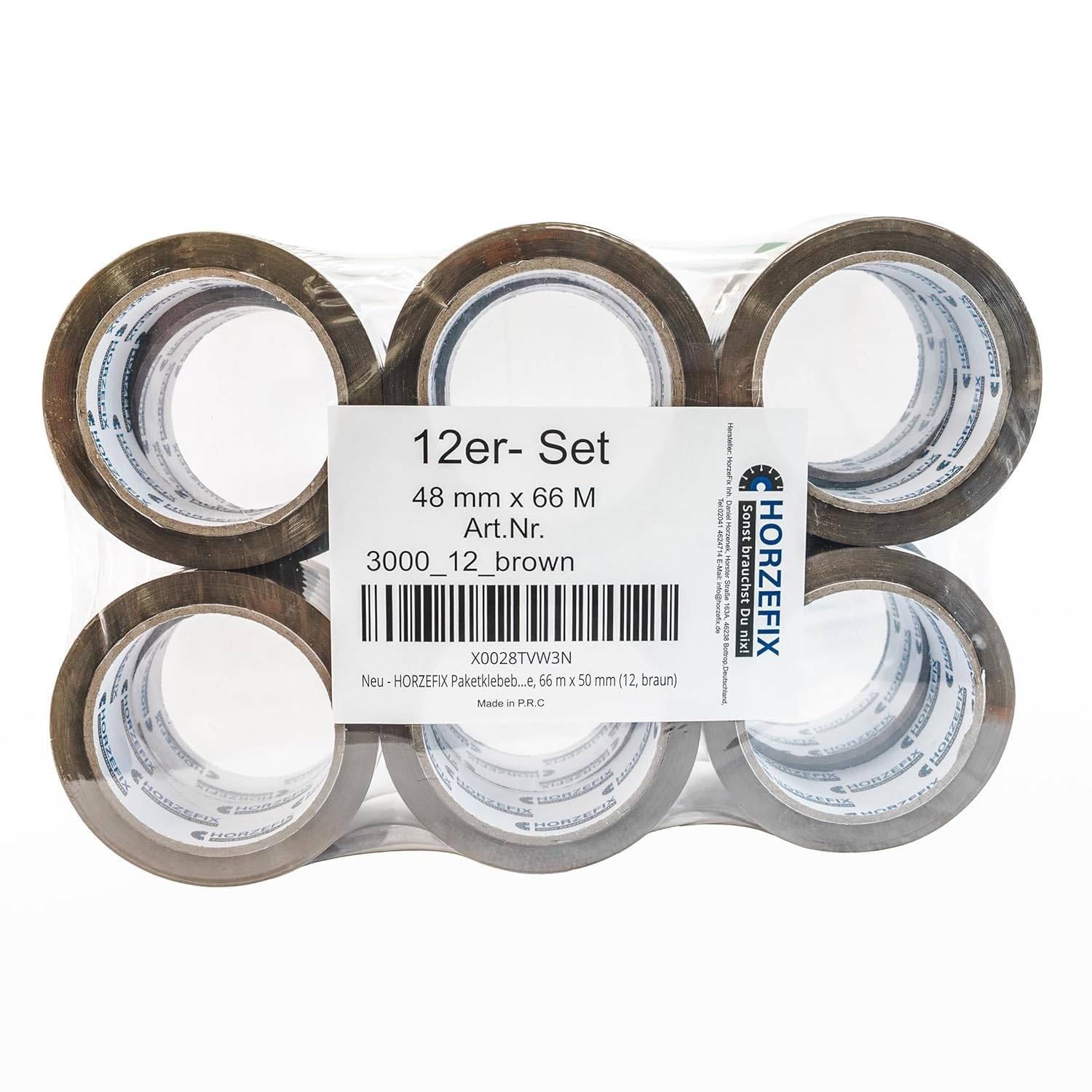 HorzeFix Paketklebeband braun, 48 mm x 66 m, stark & leise, universell für Versand & Umzug, 12er Pack (12, braun)