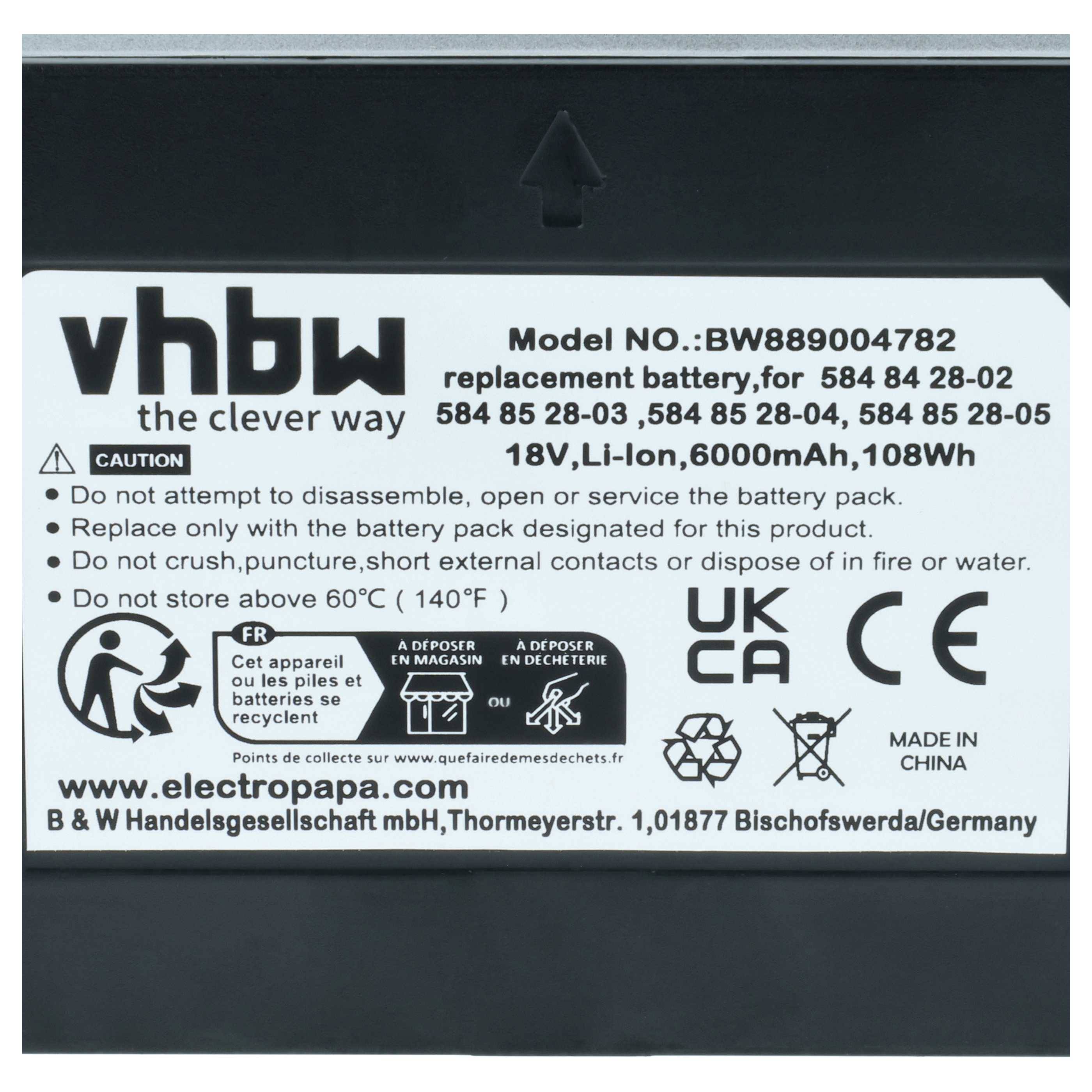 vhbw Akku kompatibel mit McCulloch ROB S800, ROB S400, ROB S500 Rasenroboter (6Ah, 18V Li-Ion)