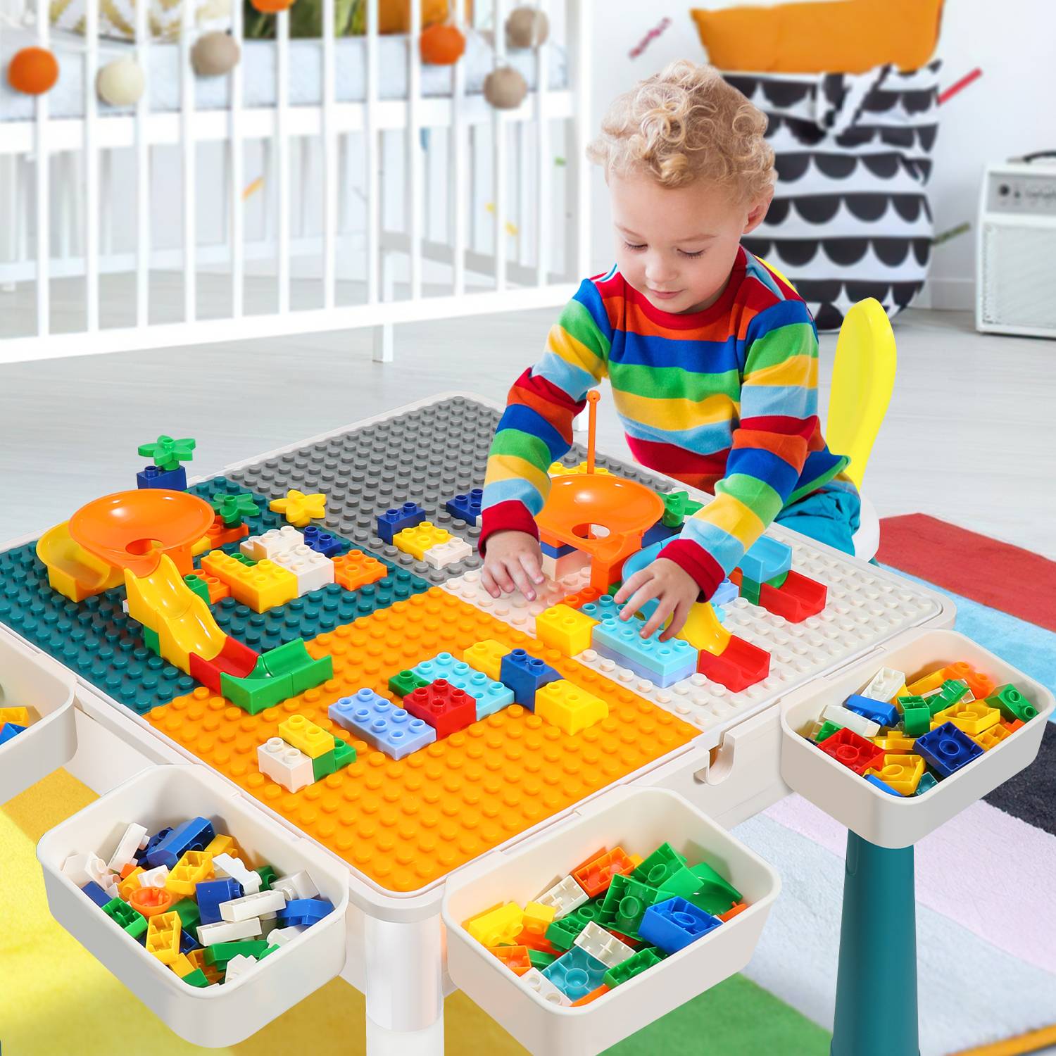 Kindertisch mit Stühle Kindersitzgruppe mit 251Stück Bausteine Mehrzweck Tabelle ,mit 2 Stühlen,Sitzgruppe für Kinder mit Stauraum