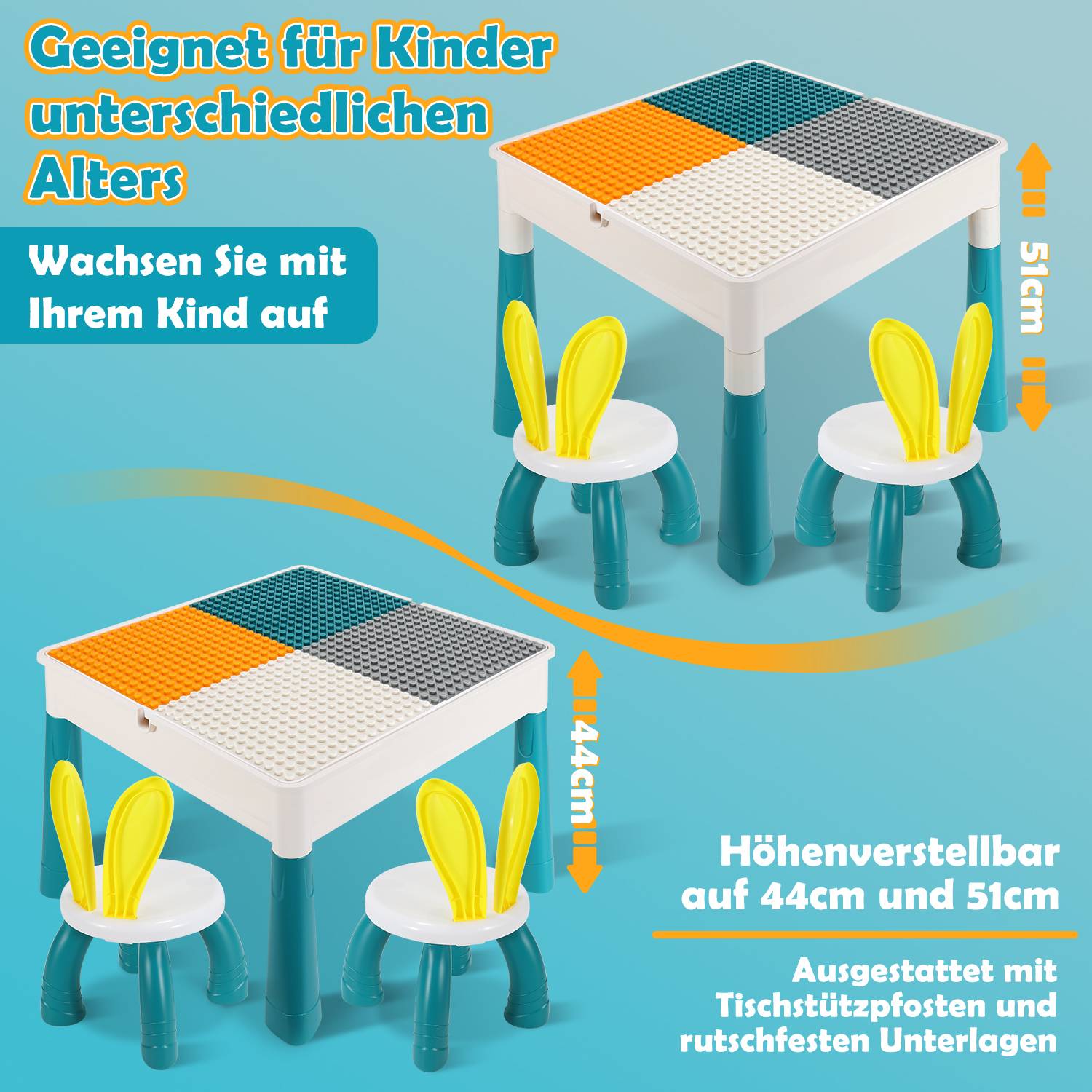 Kindertisch mit Stühle Kindersitzgruppe mit 251Stück Bausteine Mehrzweck Tabelle ,mit 2 Stühlen,Sitzgruppe für Kinder mit Stauraum