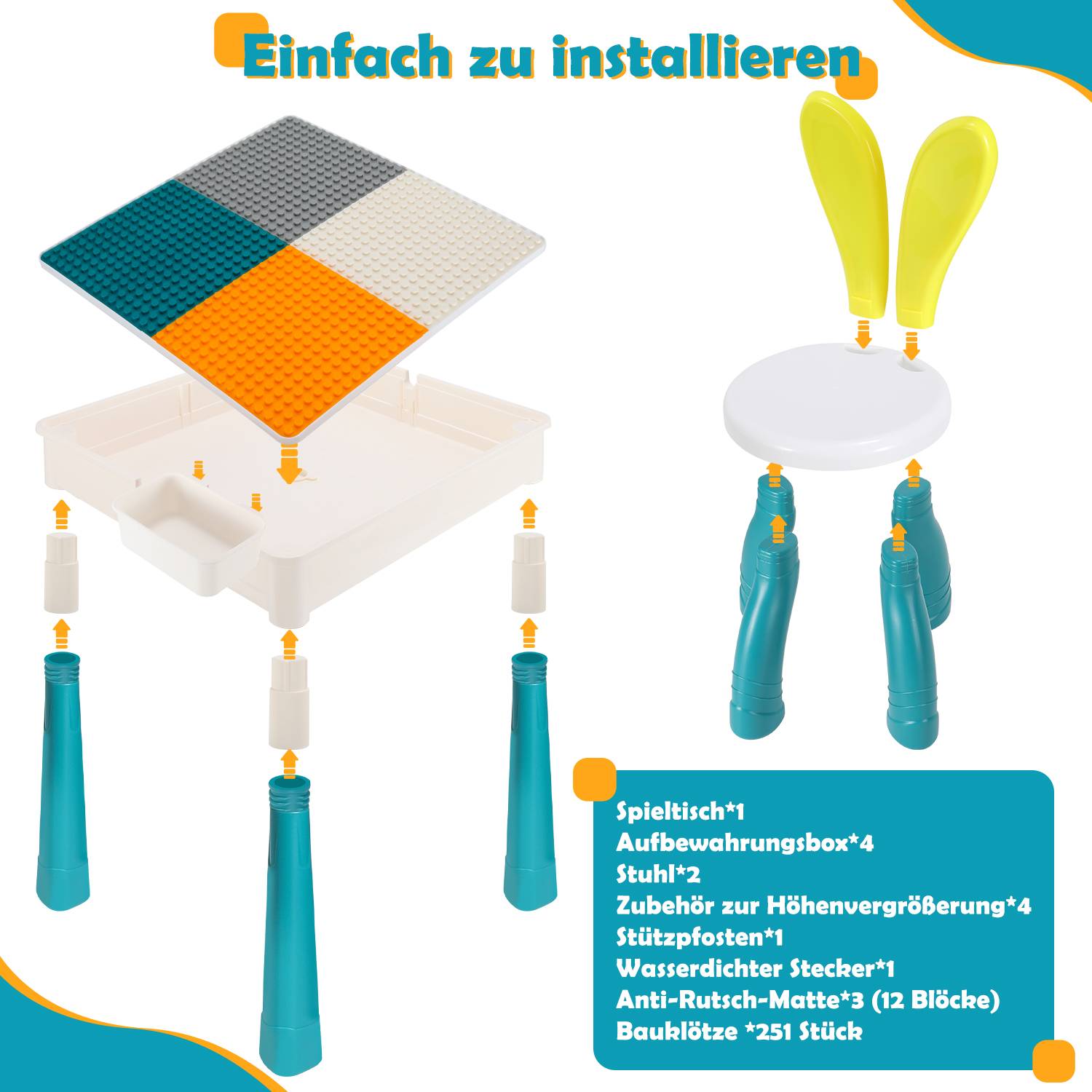 Kindertisch mit Stühle Kindersitzgruppe mit 251Stück Bausteine Mehrzweck Tabelle ,mit 2 Stühlen,Sitzgruppe für Kinder mit Stauraum
