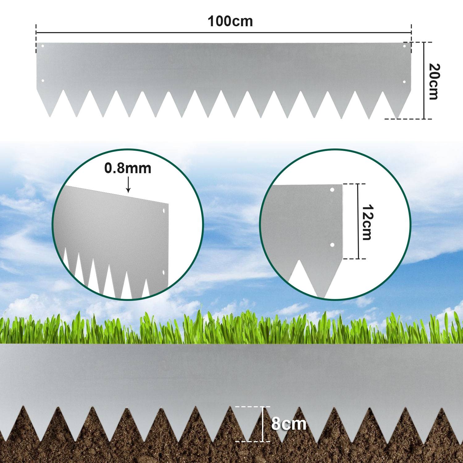 Rasenkante Schnecken Abwehr Verzinkt Blumenzaun Trennrand Gartenumrandung Stahl 100x20cm 40m Silber