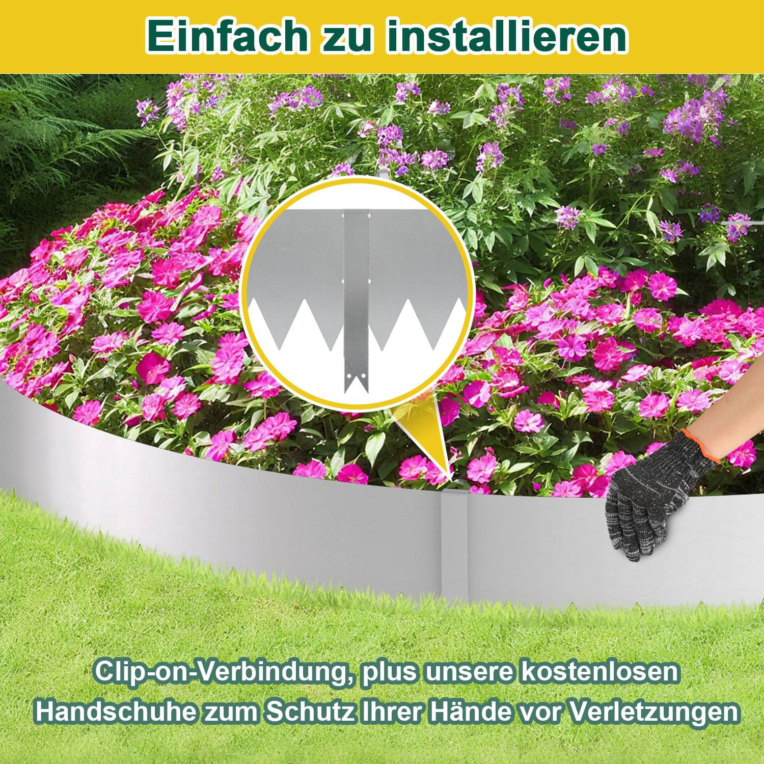 Gartenabgrenzung wird von einer behandschuhten Hand zusammengeclippt, mit einer Detailansicht des verriegelnden Clipmechanismus; der Text besagt „Einfach zu installieren" und erwähnt kostenlose Handschuhe zum Handschutz.