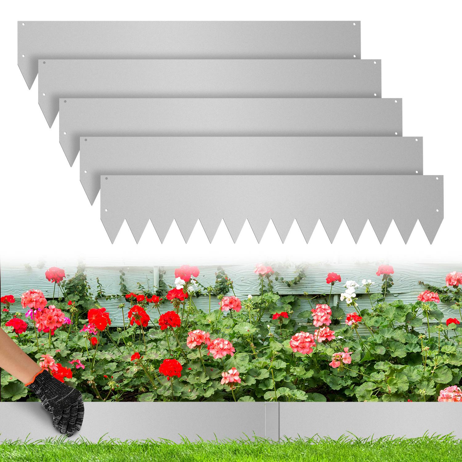 Rasenkante mit Spitzen Metall 100 x 20 cm 40m Beeteinfassung Mähkante Verzinkt Wegbegrenzung Beetumrandung Palisade inkl. Handschuhe Silber