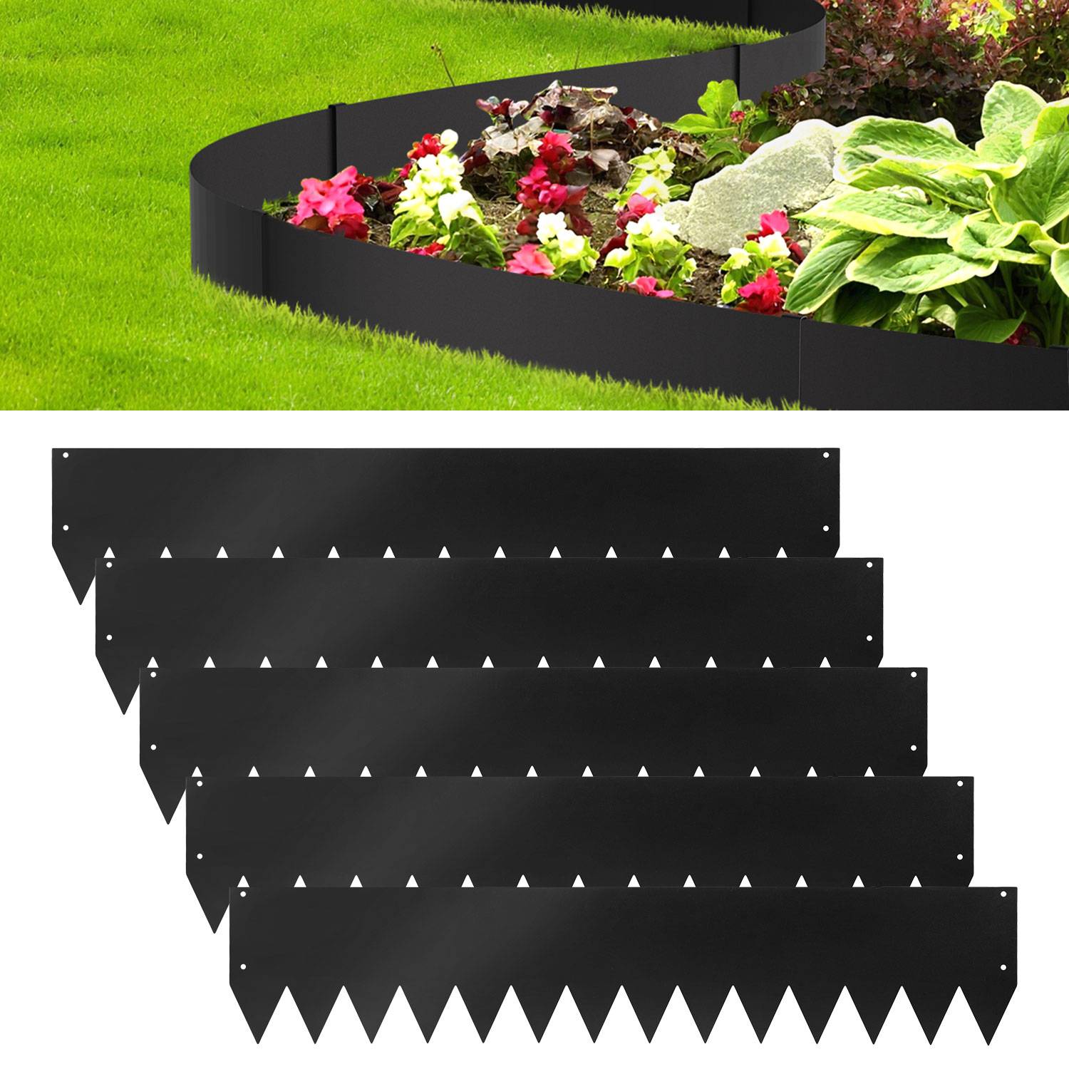 Rasenkante mit Spitzen Metall 100 x 20 cm 5m Beeteinfassung Mähkante Verzinkt Wegbegrenzung Beetumrandung Palisade inkl. Handschuhe schwarz