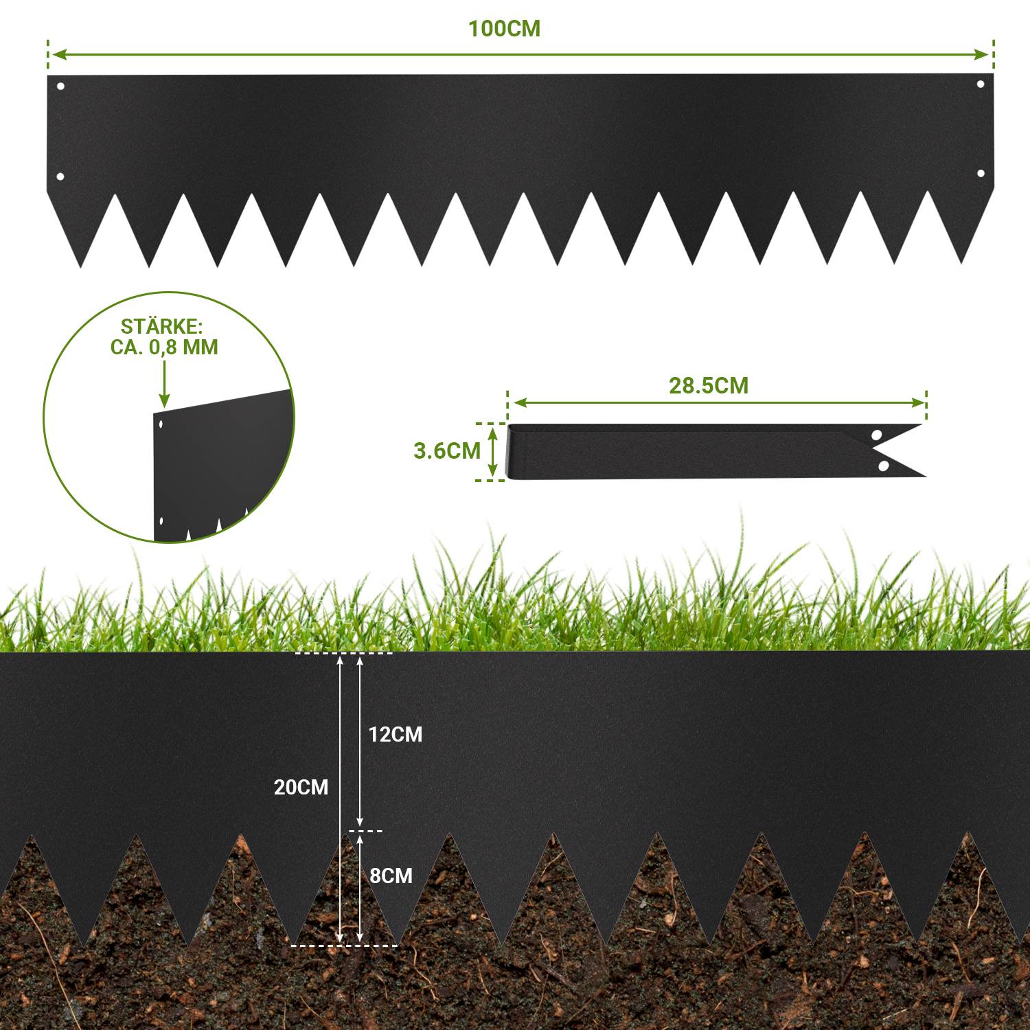 Rasenkante mit Spitzen Metall 100 x 20 cm 5m Beeteinfassung Mähkante Verzinkt Wegbegrenzung Beetumrandung Palisade inkl. Handschuhe schwarz