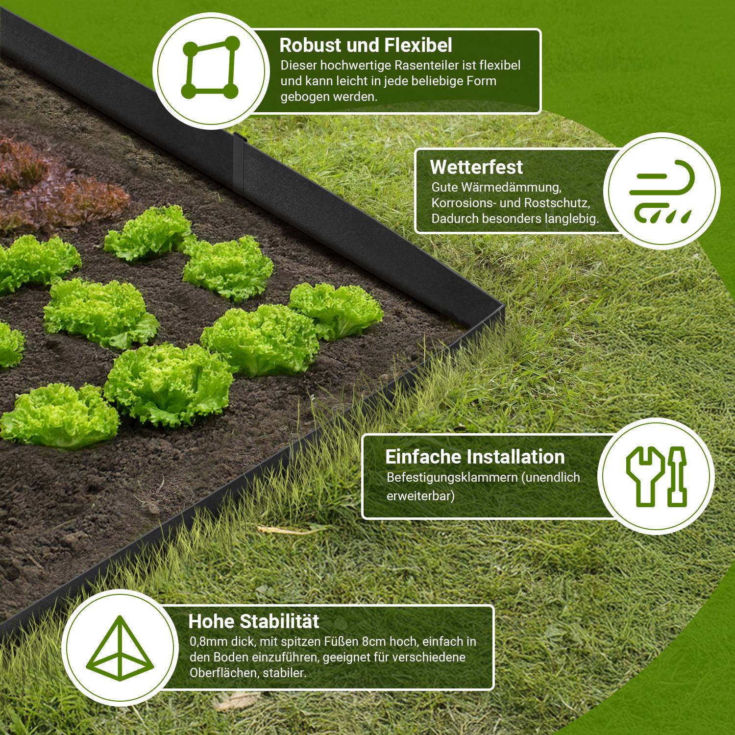 Rasenkante mit Spitzen Metall 100 x 20 cm 40m Beeteinfassung Mähkante Verzinkt Wegbegrenzung Beetumrandung Palisade inkl. Handschuhe schwarz
