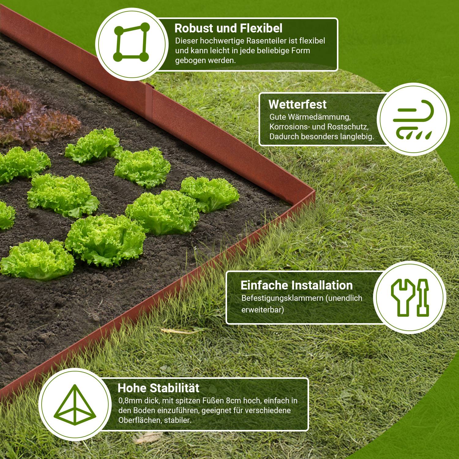 Gartenrandprodukt um ein Salatbeet herum dargestellt, das flexible Form, Witterungsbeständigkeit, einfache Installation und hohe Stabilität hervorhebt.