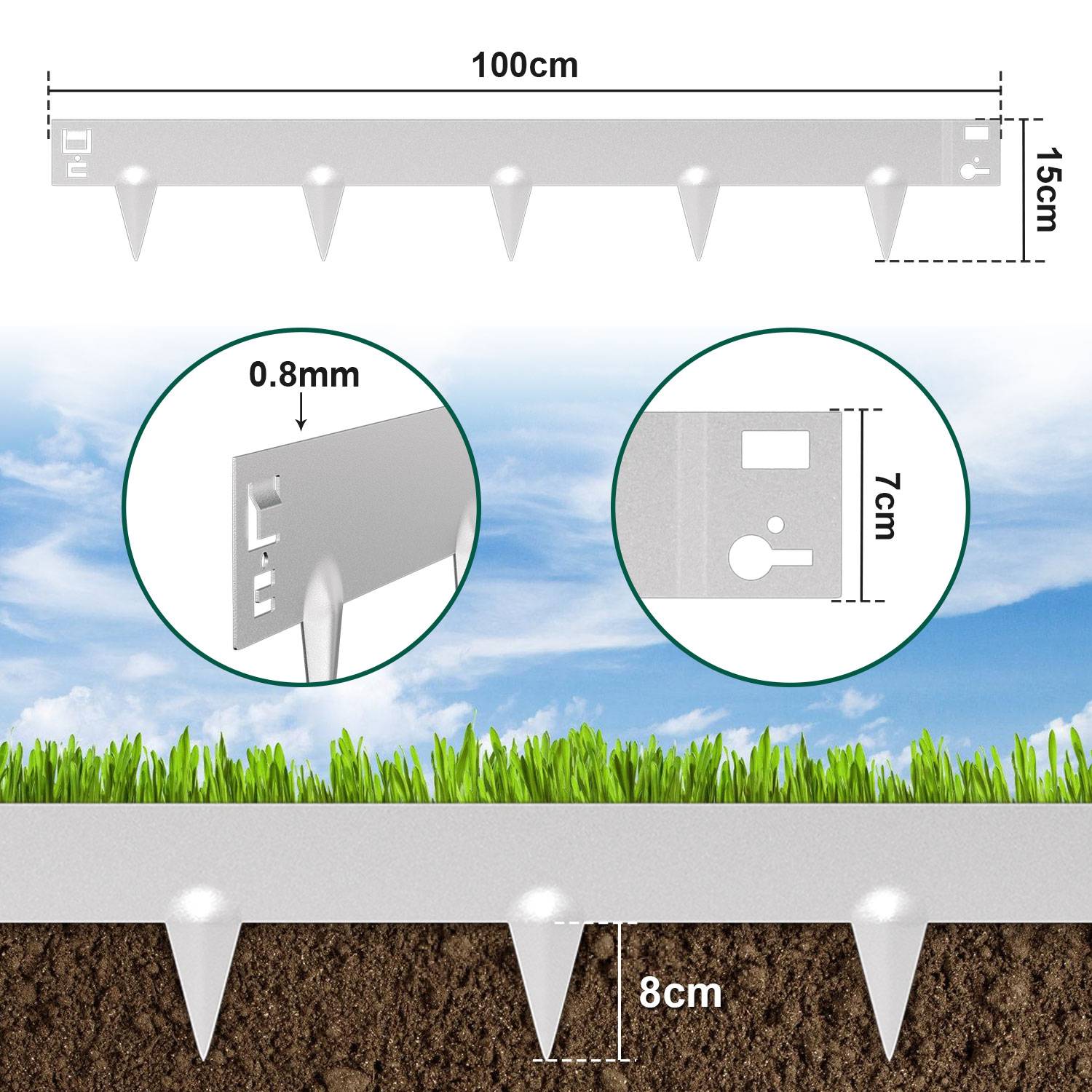 Rasenkante mit Spitzen Metall 100 x 15 cm 45m Beeteinfassung Mähkante Verzinkt Wegbegrenzung Beetumrandung Palisade Silber