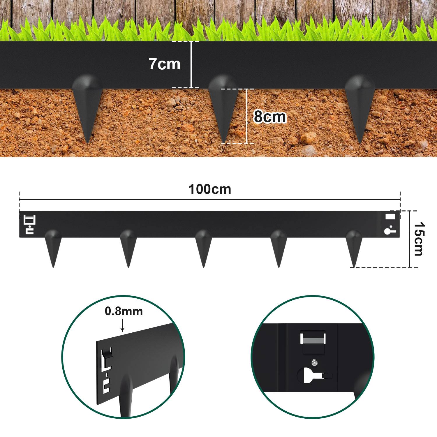 Rasenkante mit Spitzen Metall 100 x 15 cm 15m Beeteinfassung Mähkante Verzinkt Wegbegrenzung Beetumrandung Palisade Schwarz