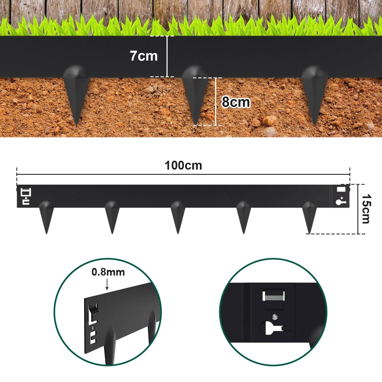 Diagramm eines schwarzen Landschafts-Randeinfassungsstreifens mit Spitzen, das Installationsabmessungen zeigt: 100 cm lang, 15 cm hoch, 7 cm über dem Boden, 8 cm unter dem Boden und 0,8 mm dick.