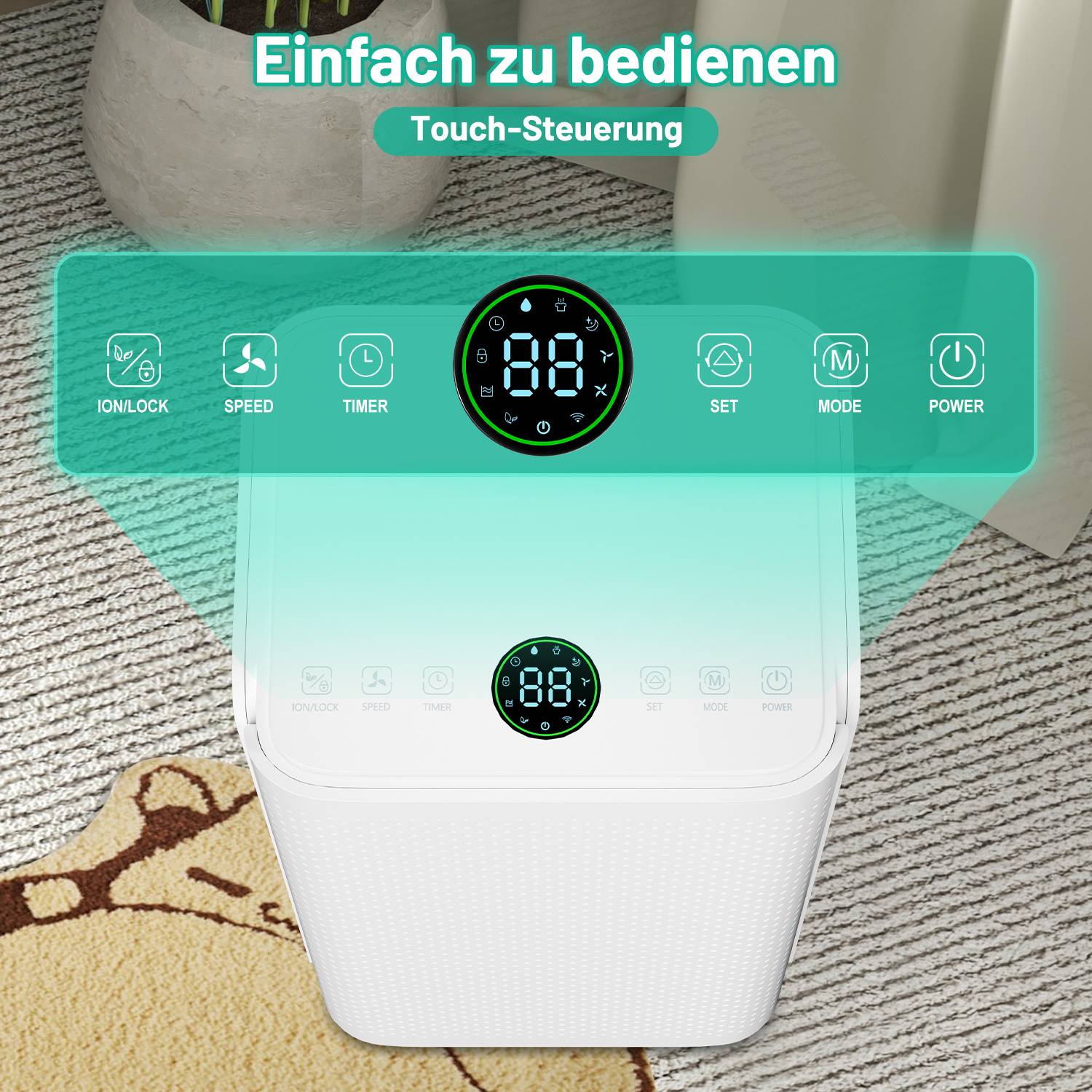 Weißer Luftreiniger mit Touch-Bedienung und digitales Display; Overlay-Beschriftungen auf Deutsch lesen „Einfach zu bedienen" und „Touch-Steuerung"", zeigt Tasten für Ionensperre, Geschwindigkeit, Timer, Einstellung, Modus und Stromversorgung.