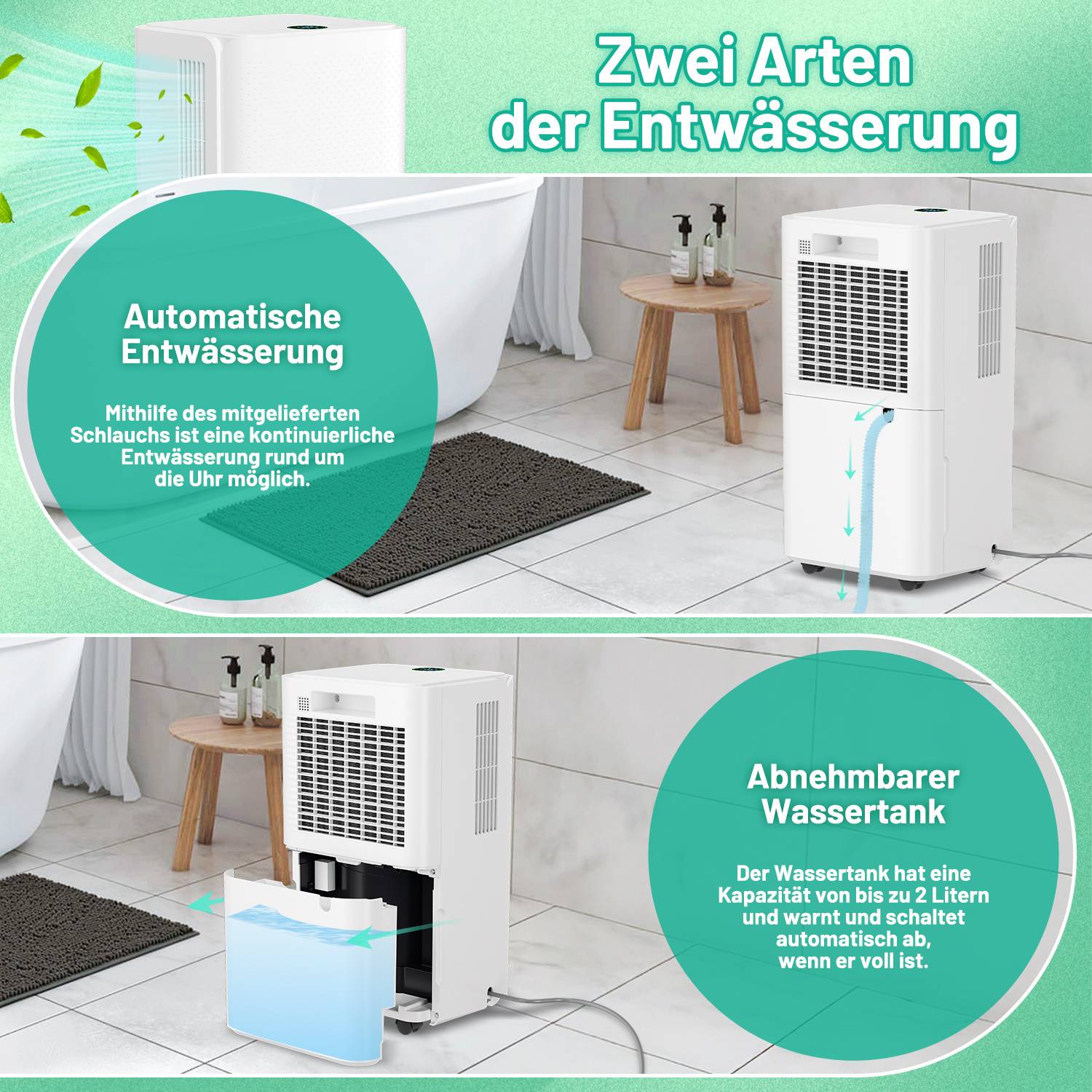 Raumentfeuchter 16 L/24 h für 20–25 m², leise 38 dB, Wäschetrocknung und Dauerablauf, Weiß