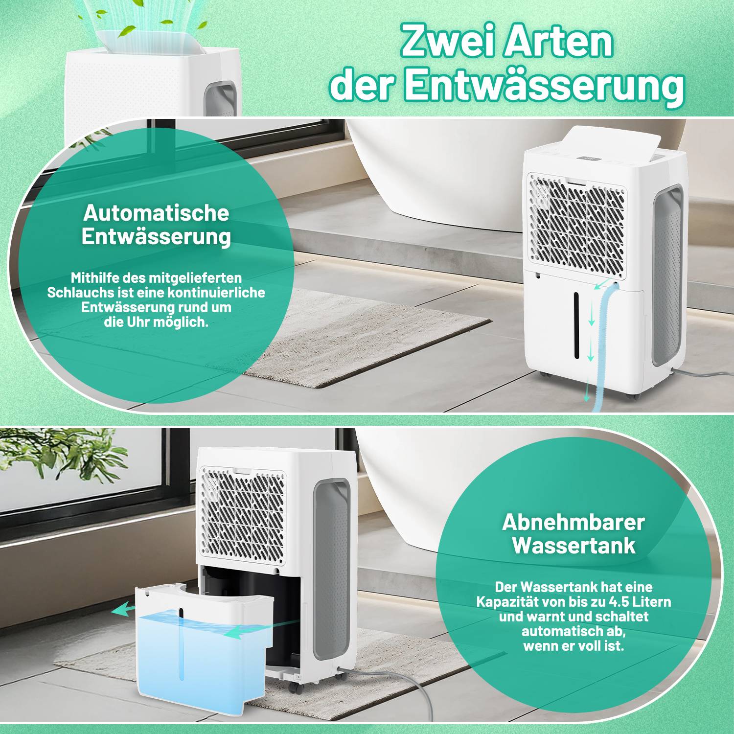Zwei Entfeuchtungsmöglichkeiten für Luftentfeuchter: automatische Entwässerung mit Schlauch und abnehmbarer Wassertank.