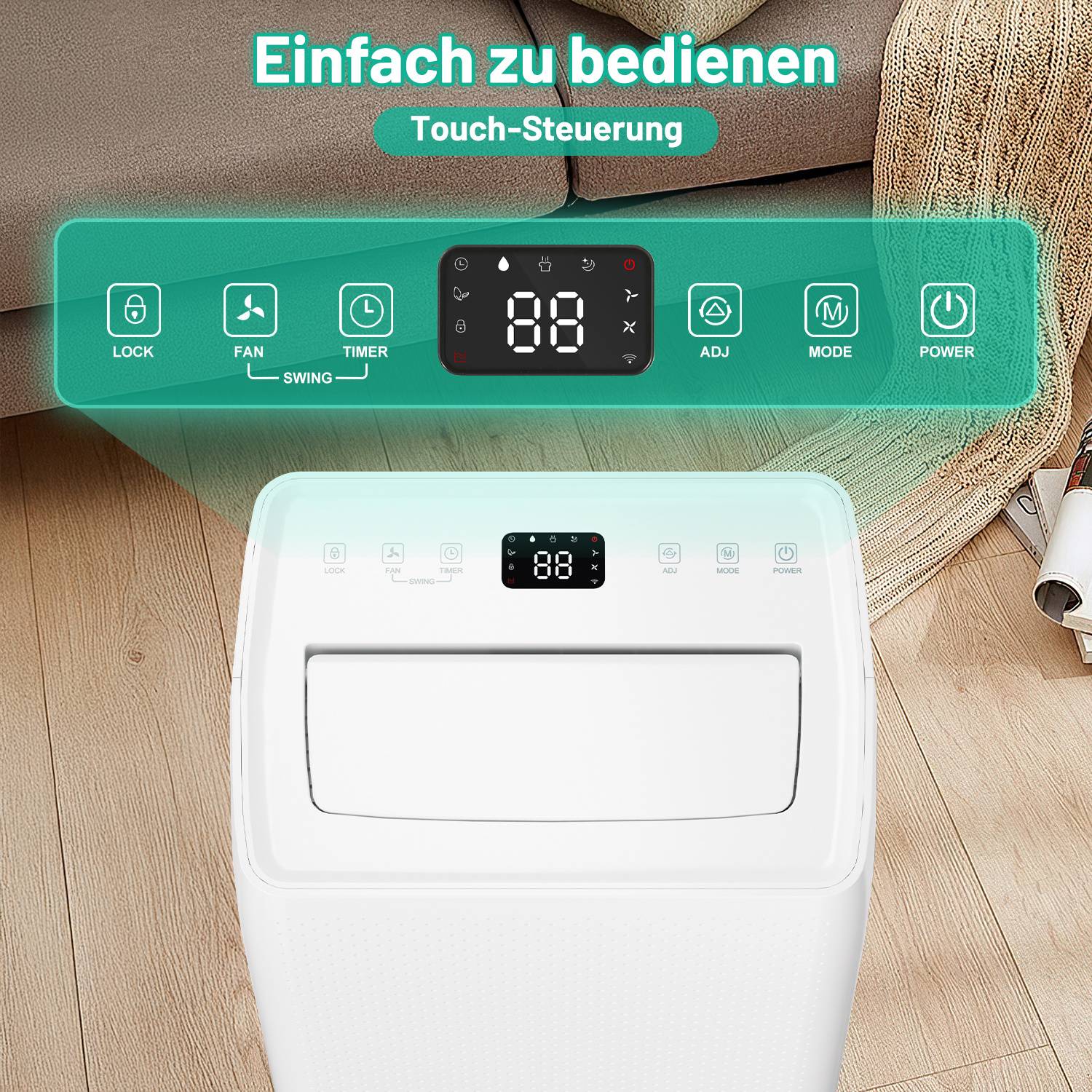 Touchscreen-Bedienfeld für Geräte mit den Tasten "LOCK"", ""FAN"", ""TIMER"", ""ADJ"", ""MODE"" und ""POWER"" sowie digitaler Anzeige; deutscher Text besagt ""Einfach zu bedienen"" und ""Touchscreen-Steuerung"".