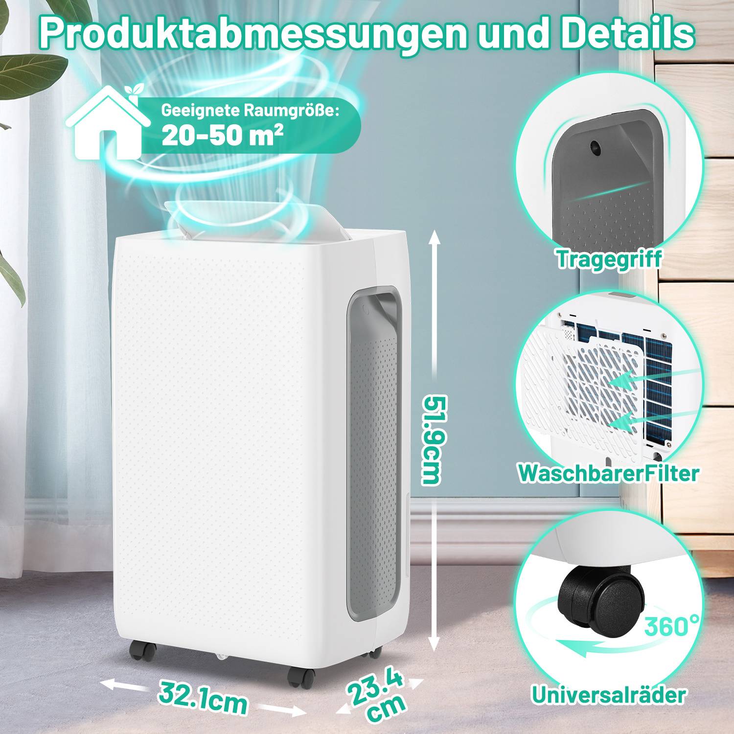 Annotiertes Produktbild eines weißen Luftreinigers mit den Abmessungen 51,9 cm Höhe, 32,1 cm Breite, 23,4 cm Tiefe, Raumgröße 20–50 m², und Funktionen: Tragegriff, waschbarer Filter, 360°-Universalrollen.