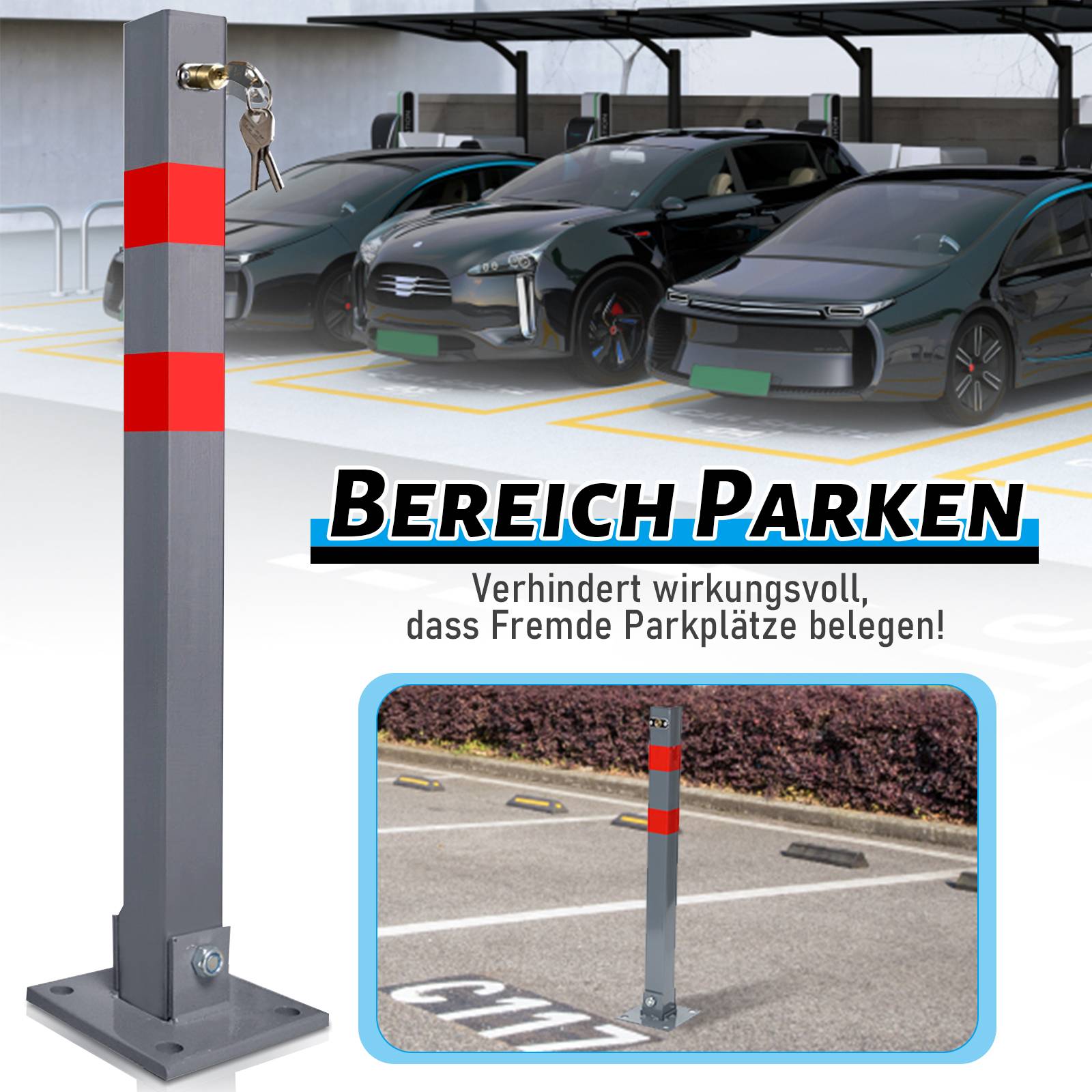 Absperrpfosten 4X Parkplatzsperre Klappbar 66cm abschließbar rostfreier
