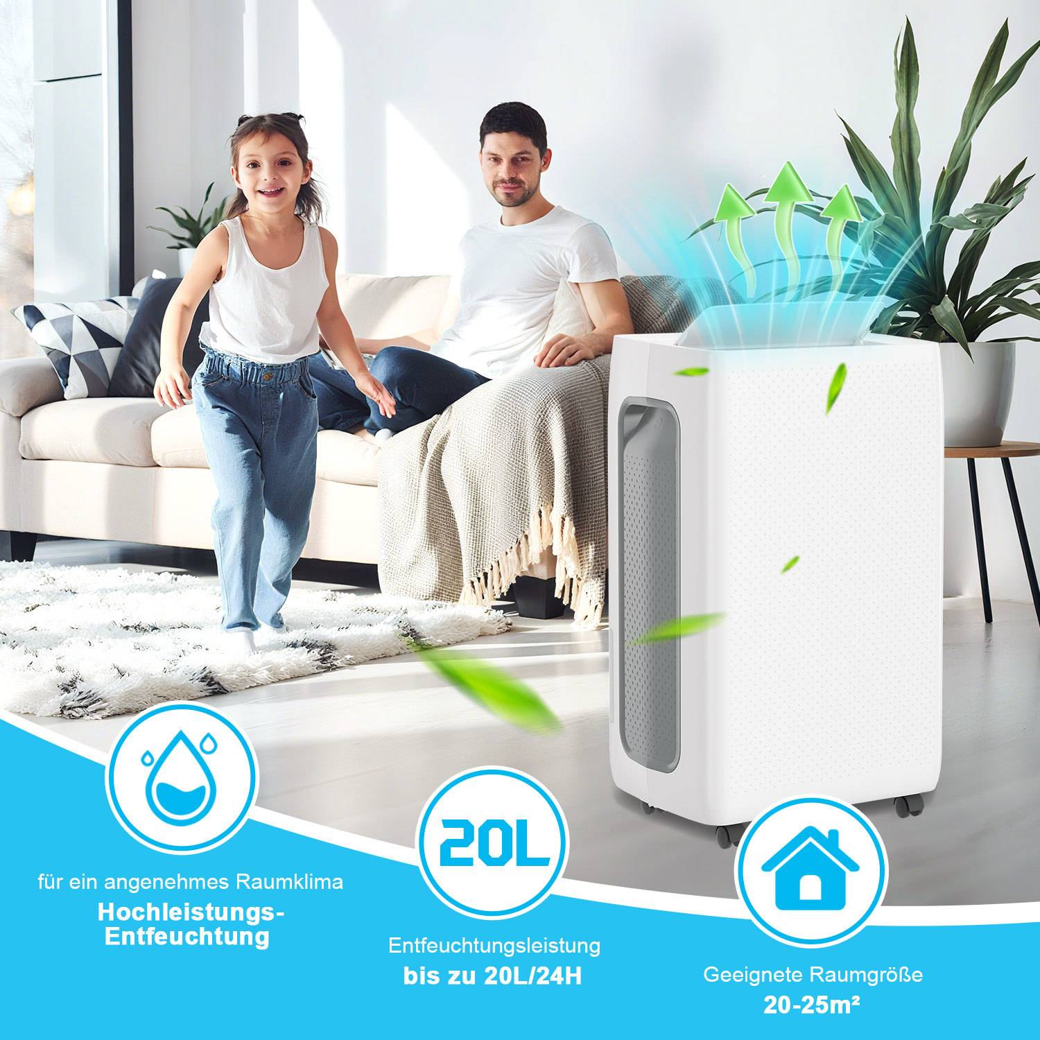 Werbebild eines weißen Luftentfeuchters in einem Wohnzimmer, mit Pfeilen, die die Luftströmung zeigen, und Symbolen für „20L", Hausgebrauch und Raumgröße 20-25 m²; ein Mann und ein Kind sitzen auf einem Sofa dahinter.