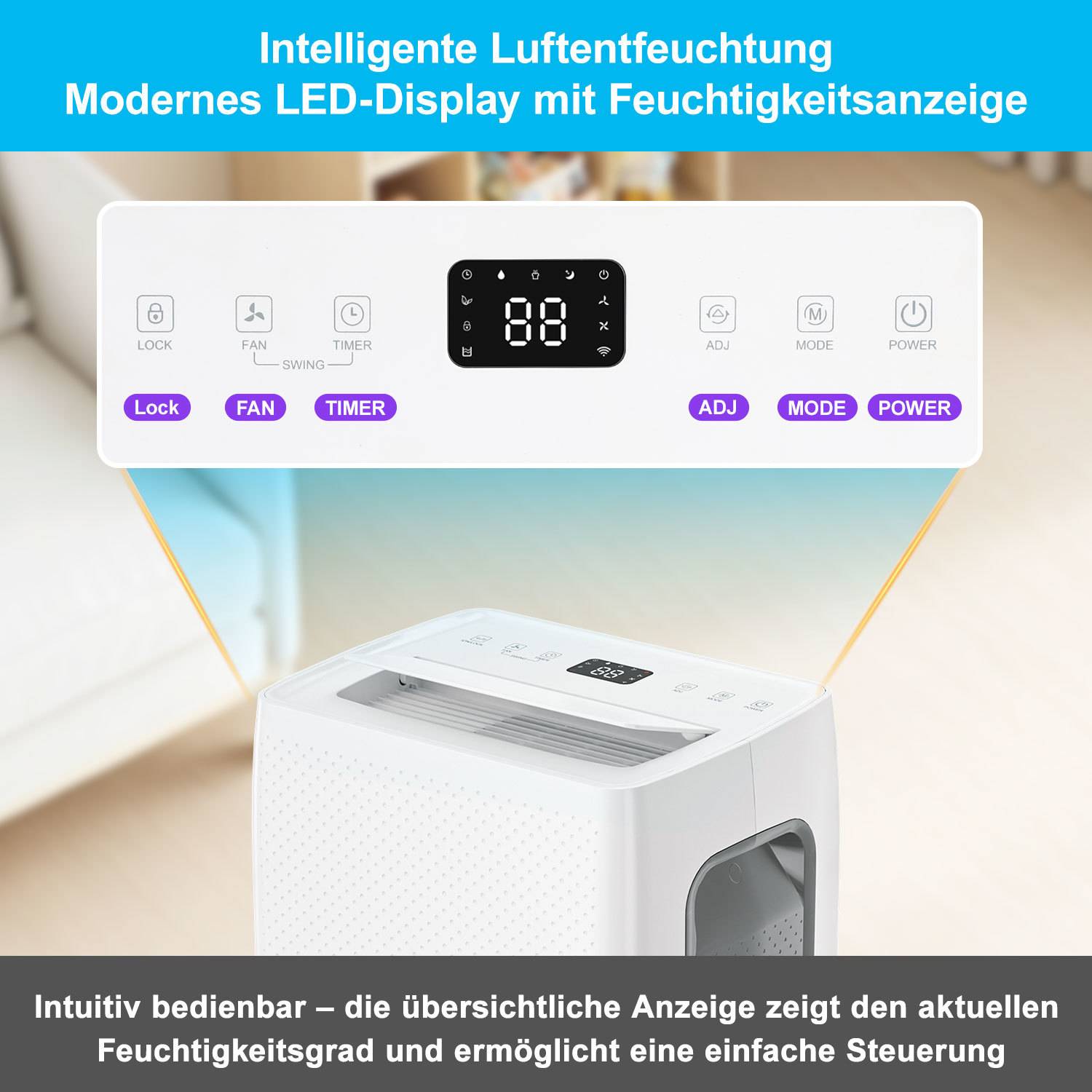 Weißer Luftbefeuchter mit LED-Display, das die aktuelle Luftfeuchtigkeit anzeigt; Beschriftungen heben die Bedienelemente für Sperre, Lüfter, Timer, Anpassung, Modus und Stromversorgung hervor.