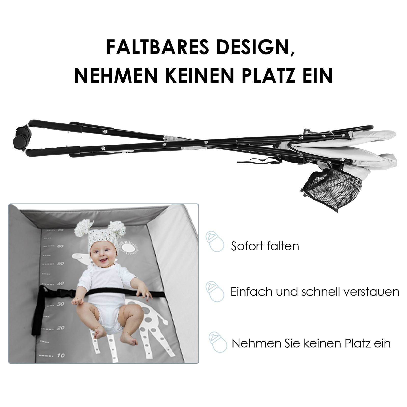 Wickeltisch mit Wickelaufsatz,klappbar,aus Metall Oxfordgewebe,Aufbewahrungskorb Sicherheitsgurt grau