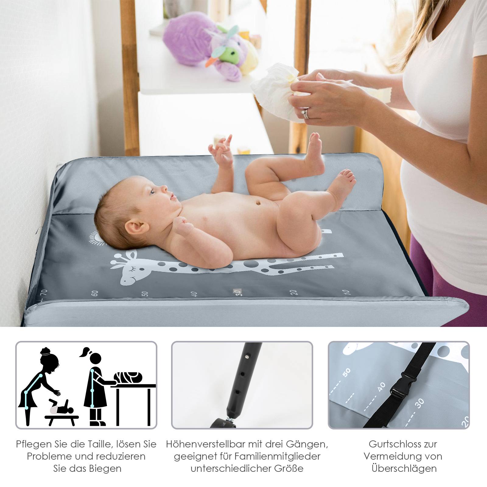 Wickeltisch,Babypflegeschreibtisch Klappbar mit Aufbewahrungskorb Sicherheitsgurt grau,aus Metall Oxfordgewebe