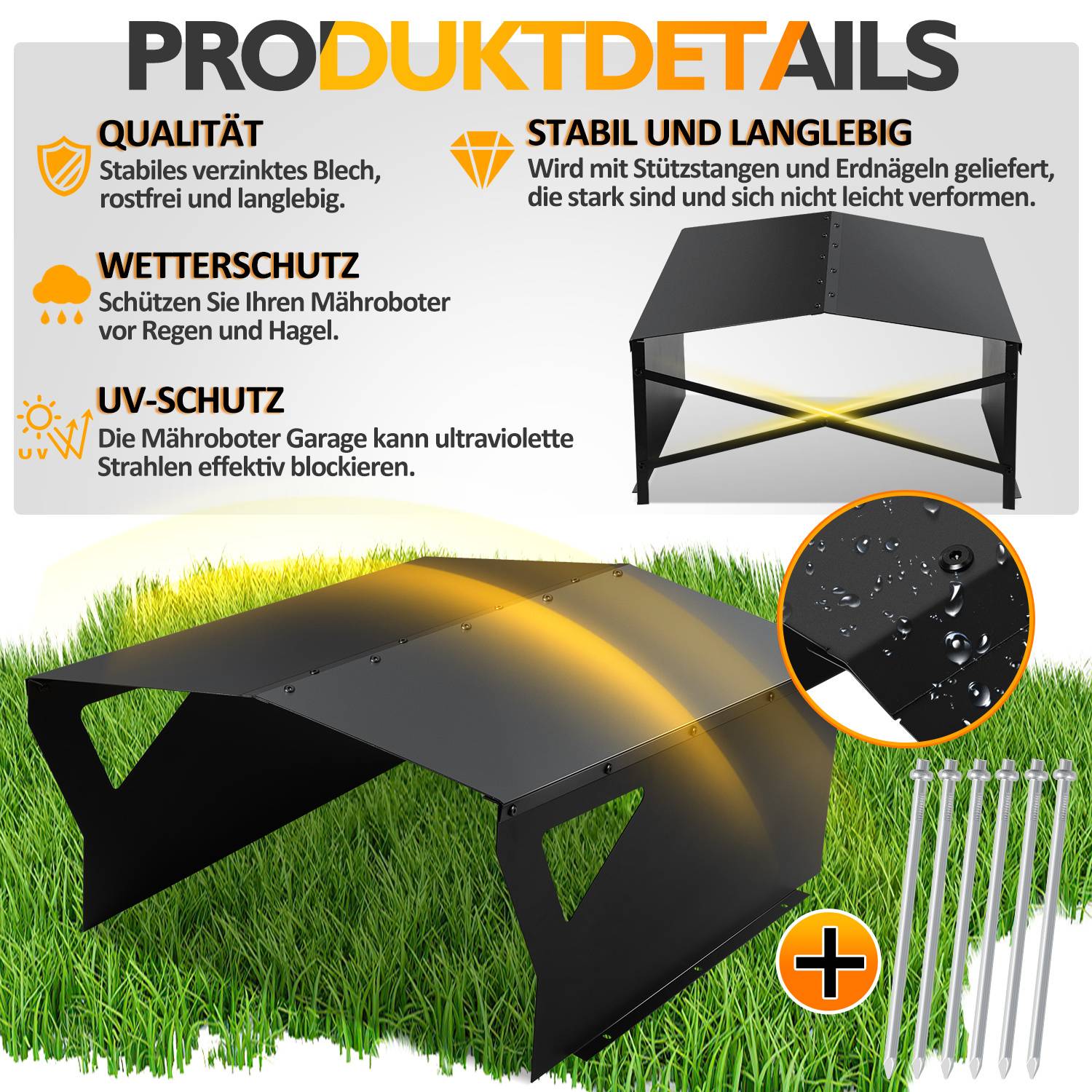 Illustration einer Mähergartage mit deutschen Produktdetails: verzinkter Stahl, stabile Konstruktion, Wetter- und UV-Schutz, mit Heringen für die Installation dargestellt.