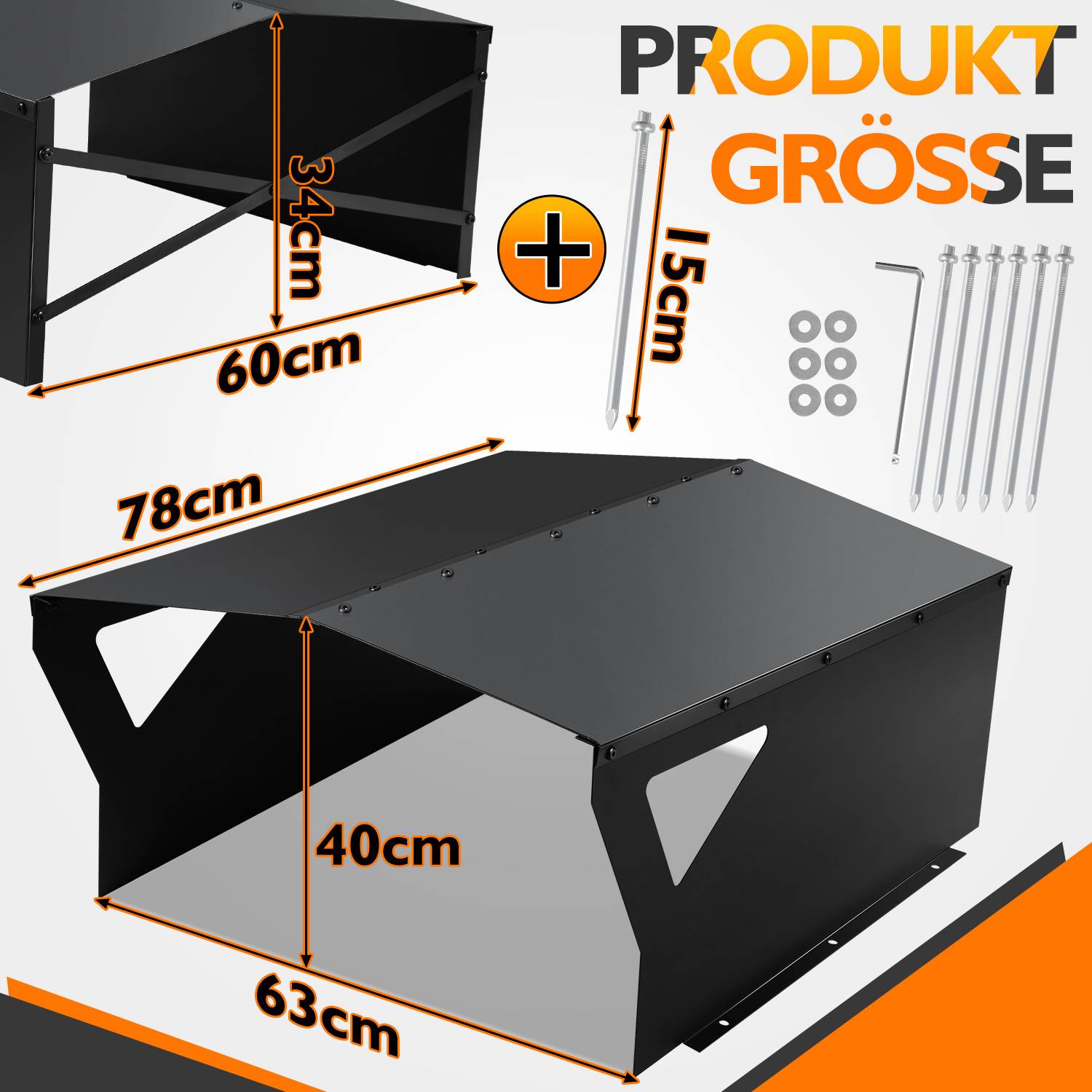 Größendiagramm eines schwarzen Metallgehäuses: 78 cm lang, 63 cm breit, 40 cm hoch, mit Seitenmessungen von 34 cm und 60 cm; einschließlich Montagehardware und 15 cm Erdungsspitzen.