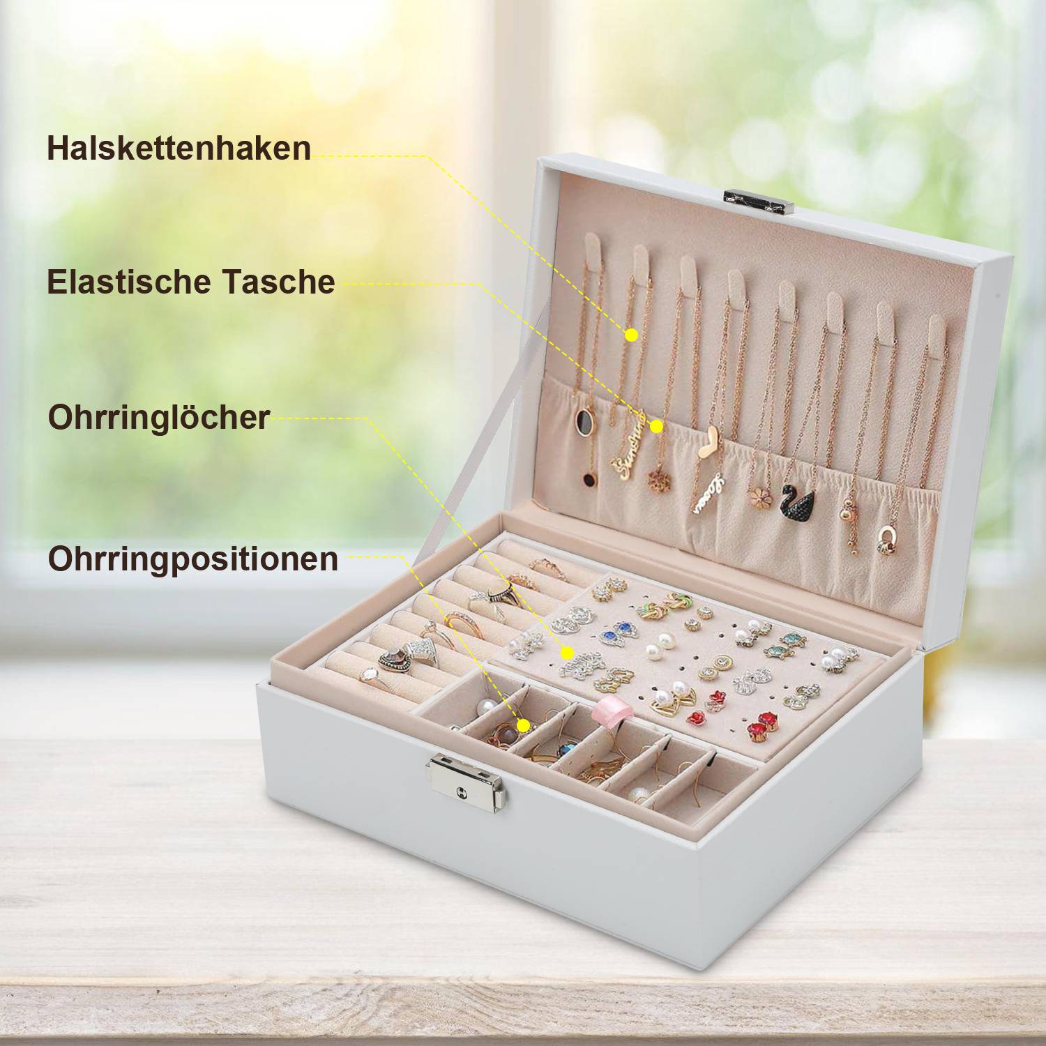 Schmuckkasten Doppelschicht Aufbewahrungskoffer für Ringe Ohrringe Armbänder Halsketten Schmuck Veranstalter Geschenkbox für Frauen und Mädchen We