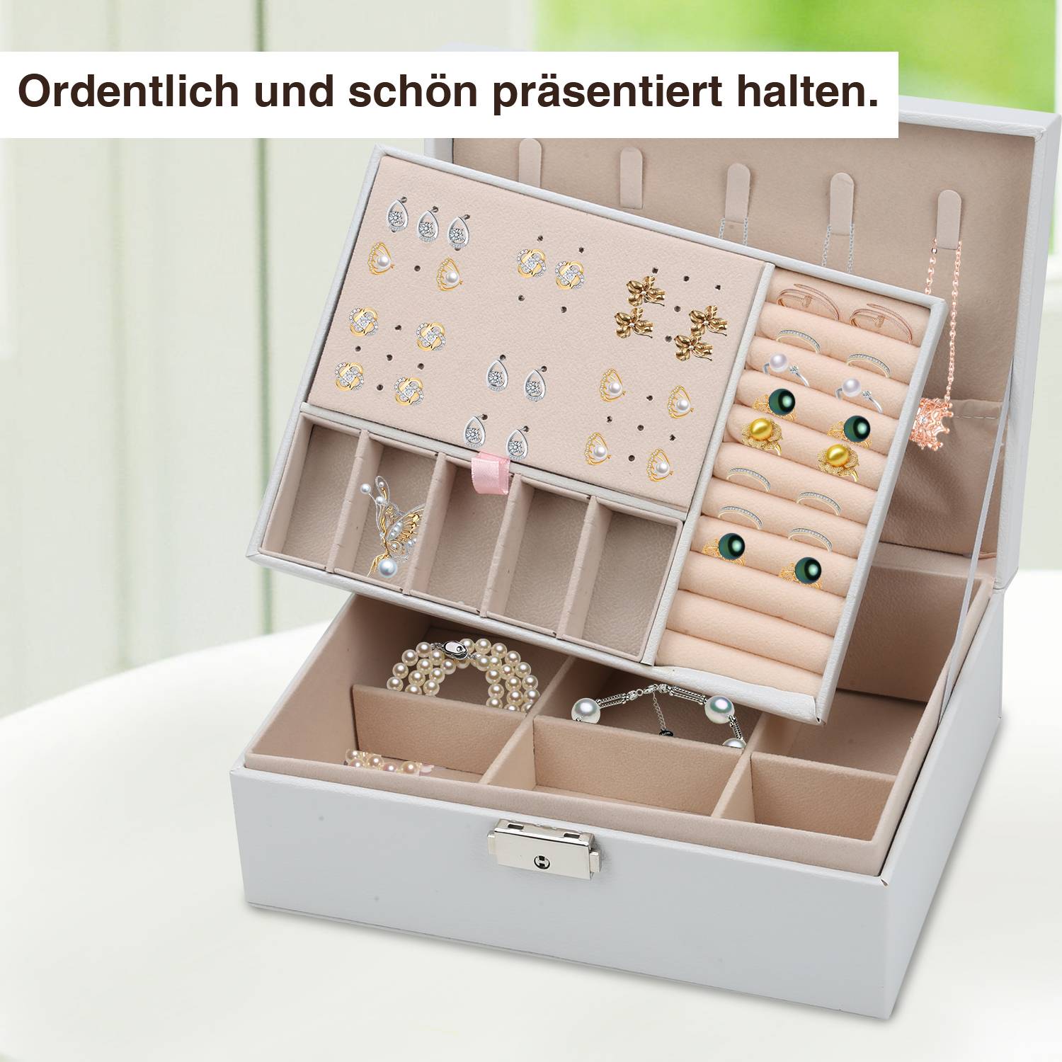 Schmuckkasten Doppelschicht Aufbewahrungskoffer für Ringe Ohrringe Armbänder Halsketten Schmuck Veranstalter Geschenkbox für Frauen und Mädchen We