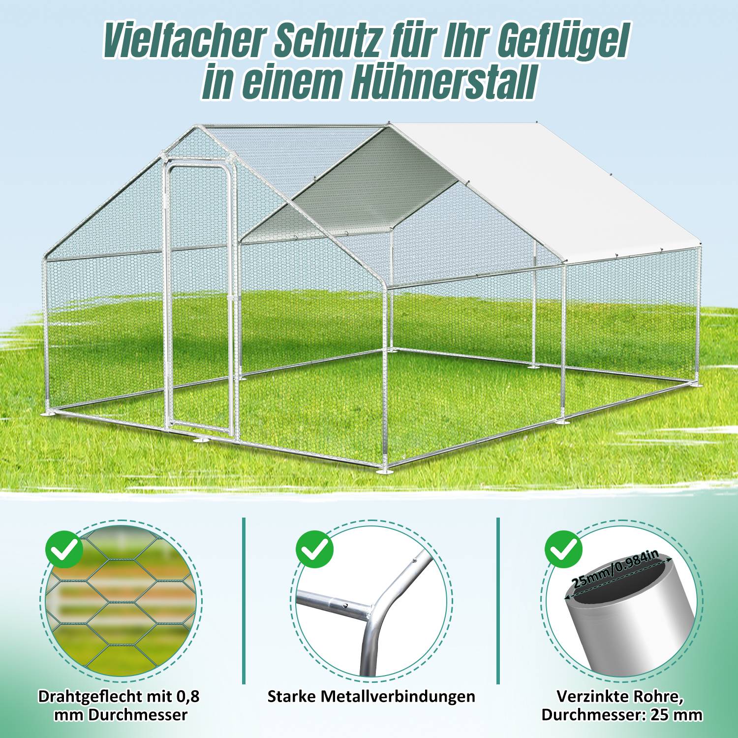3x3x2m Hühnerstall Hühnerhaus verzinktem Hasenkäfig Geflügelstall Käfig PE -Schattendach, Verzinkter Stahlrahmen, Außenzaun Verwendet für Hühn