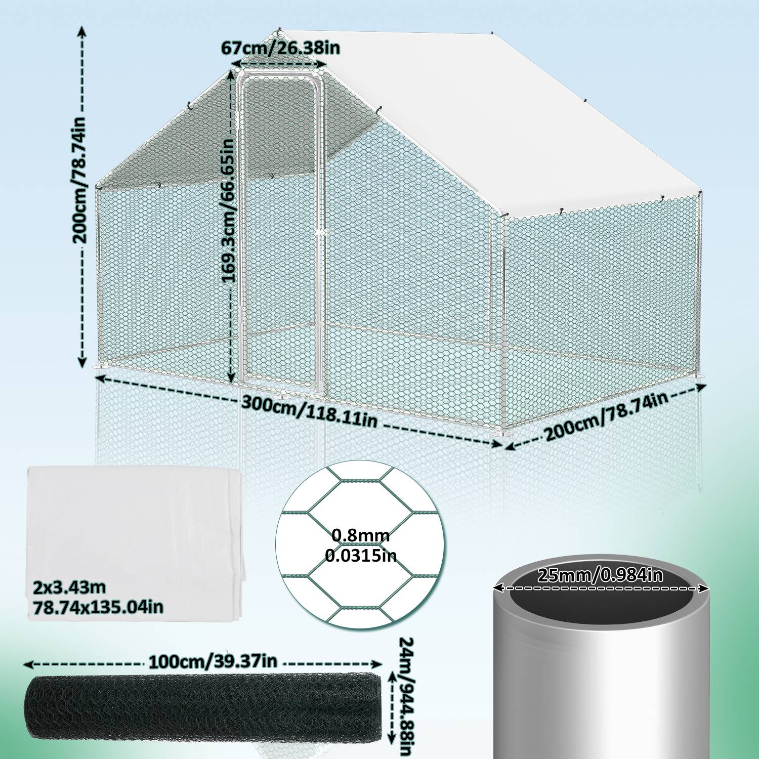 3x2x2m Outdoor Hühnerstall Hühnerhaus Dach Geflügelstall Verzinkter Stahlrahmen mit PE für Hühner, Geflügelställe, Kleintiere