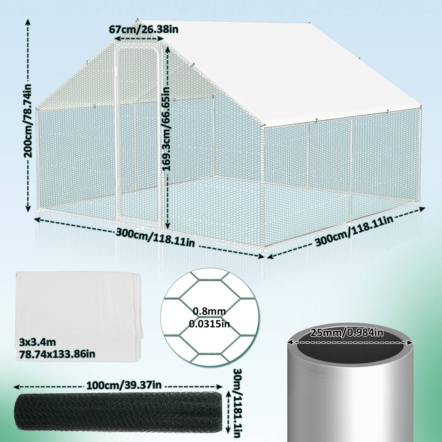 3x3x2m Hühnerstall Hühnerhaus verzinktem Hasenkäfig Geflügelstall Käfig PE -Schattendach, Verzinkter Stahlrahmen, Außenzaun Verwendet für Hühn