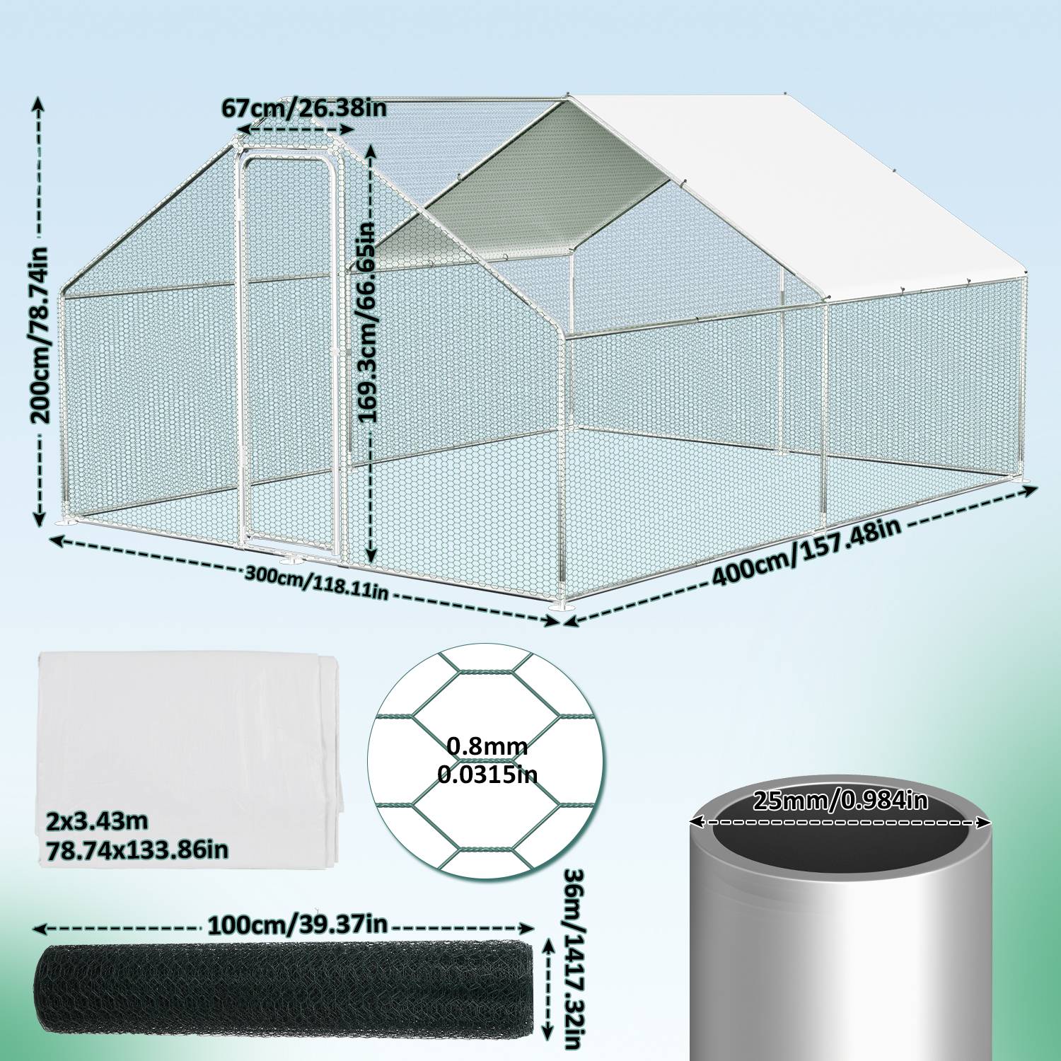 3x4x2m Outdoor Hühnerstall Hühnerhaus Dach Geflügelstall Verzinkter Stahlrahmen mit PE für Hühner, Geflügelställe, Kleintiere