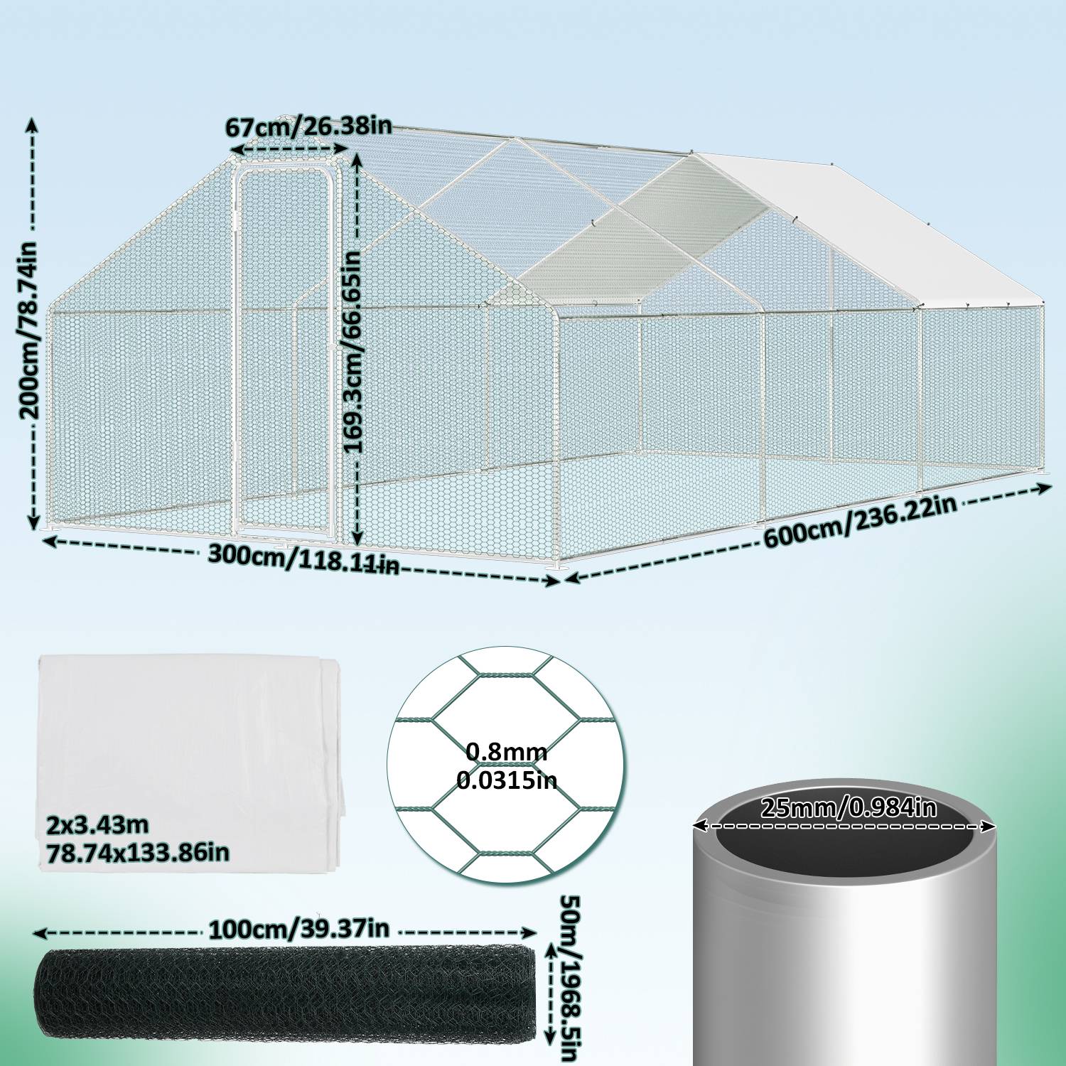 3x6x2m Hühnerstall Hühnerhaus verzinktem Hasenkäfig Geflügelstall Käfig PE -Schattendach, Verzinkter Stahlrahmen, Außenzaun Verwendet für Hühn