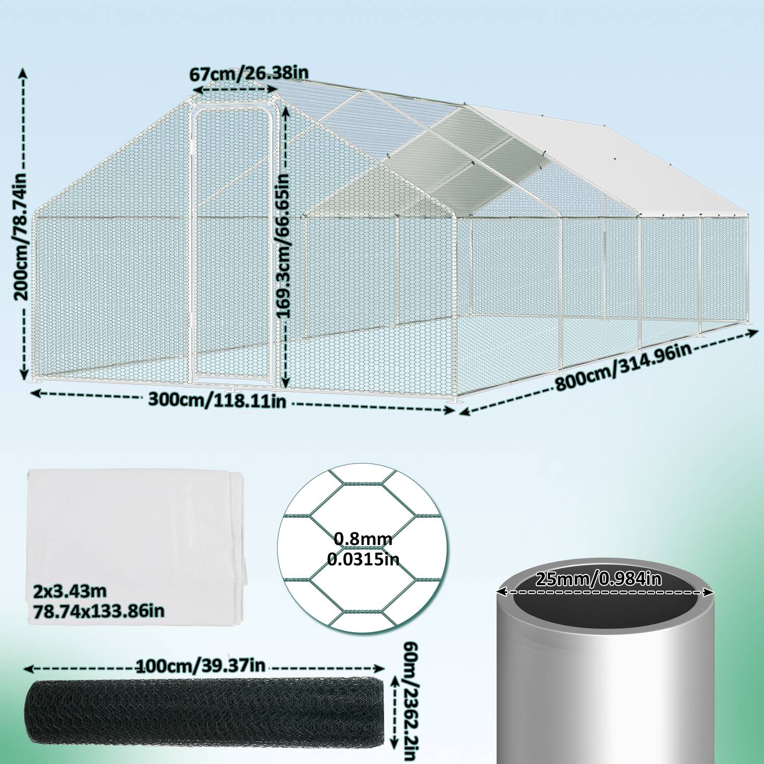 Hühnerstall 3x8x2m Hühnerhaus Kleintierstall Freilaufgehege Kleintiergehege Voliere Freigehege Hühnerkäfig Geflügelstall Verzinkter Stahlrahmen m