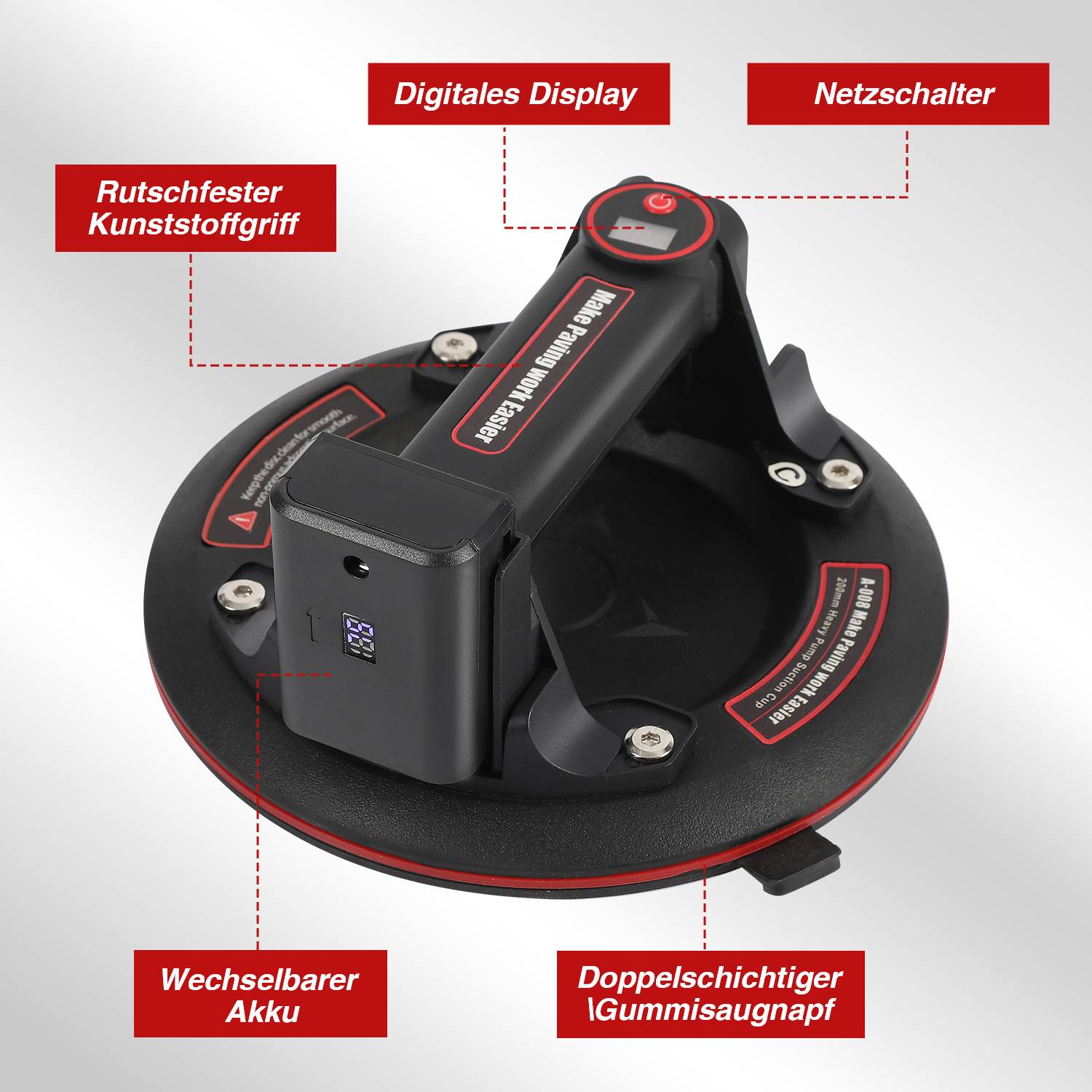 1x Elektrischer Saugnapf Elektrischer Glasheber Fliesenheber Glassauger Transport Mit Datendisplay mit 2 Akku 200mm