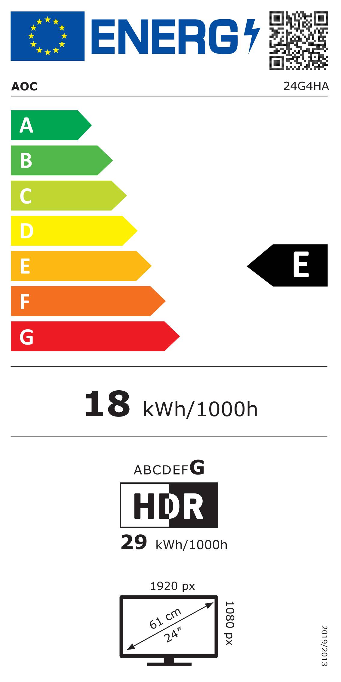 Eine Energieeffizienzskala mit einer Bewertung von ‚E' und einem Verbrauch von 18 kWh/100h. Die Farbskala reicht von grün (A) bis rot (G).