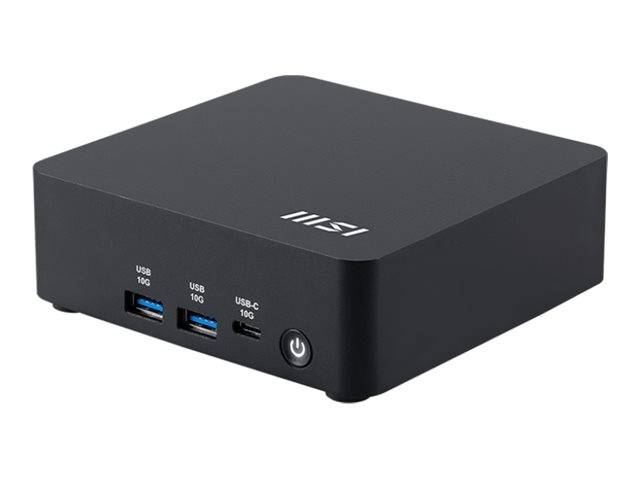 Ein kompakter schwarzer Computergerät mit dem MSI-Logo auf der Oberseite. Er verfügt über drei USB-Anschlüsse und einen Einschaltknopf an der Vorderseite.
