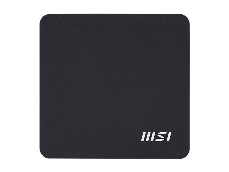 Schwarzes quadratisches MSI-Gerät oder Gehäuse mit Logo in der unteren rechten Ecke.
