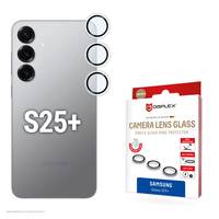 Ein Smartphone mit drei Rückkameras, gekennzeichnet mit 'S25+'. Daneben befindet sich eine Schachtel mit der Aufschrift 'Kamera-Objektivglas' mit sichtbaren Objektivschutzfolien.