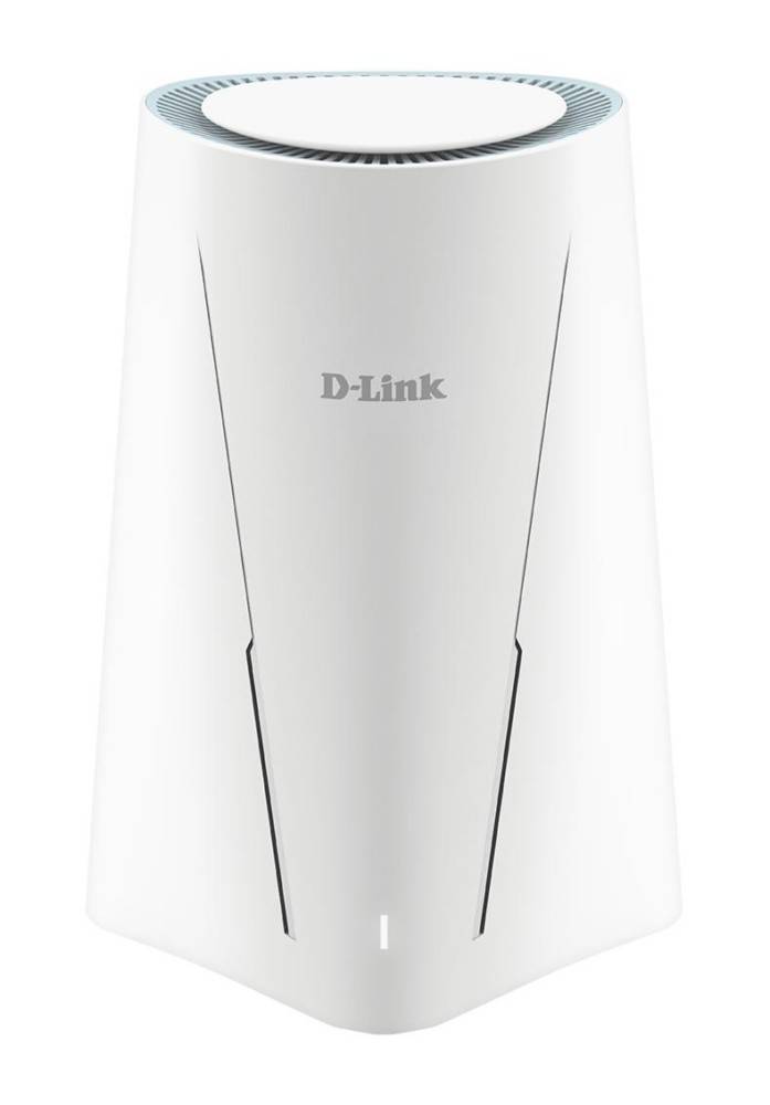 Ein weißes D-Link-Gerät mit elegantem, modernem Design und dem Markenlogo in der Mitte der Vorderseite.