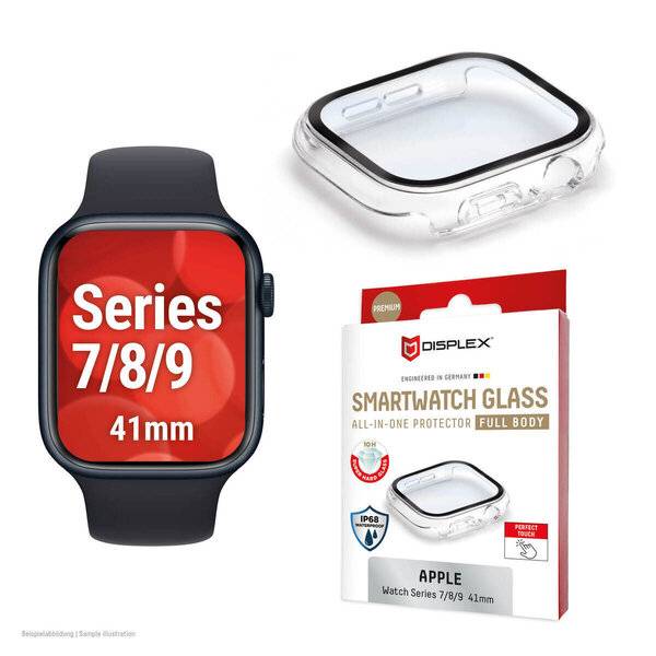 Apple Watch Serie 7/8/9 41mm mit schwarzem Armband und durchsichtigem Displayschutz; die Verpackung zeigt Displex SmartWatch Glass Vollschutz.