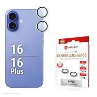 Ein lavendelfarbenes iPhone 16 Plus, das seine Kameraobjektive hervorhebt, mit einer Packung Kameraobjektiv-Glasschutzfolien daneben.