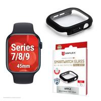 Smartwatch-Schutzgehäuse und Glas für Apple Series 7/8/9, 45mm. Inklusive Verpackung mit Branding und separat abgebildetem Produkt.
