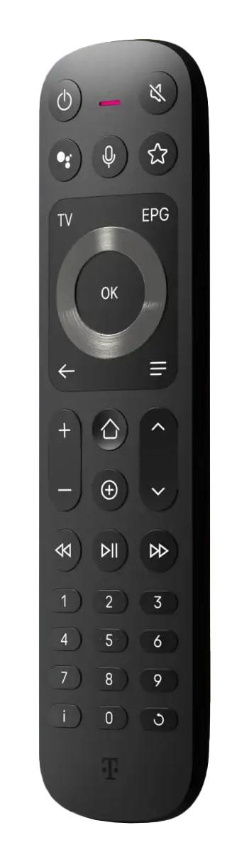 Fernbedienung mit einem kreisförmigen Navigationspad, Home-Taste, Lautstärkereglern und Wiedergabetasten.