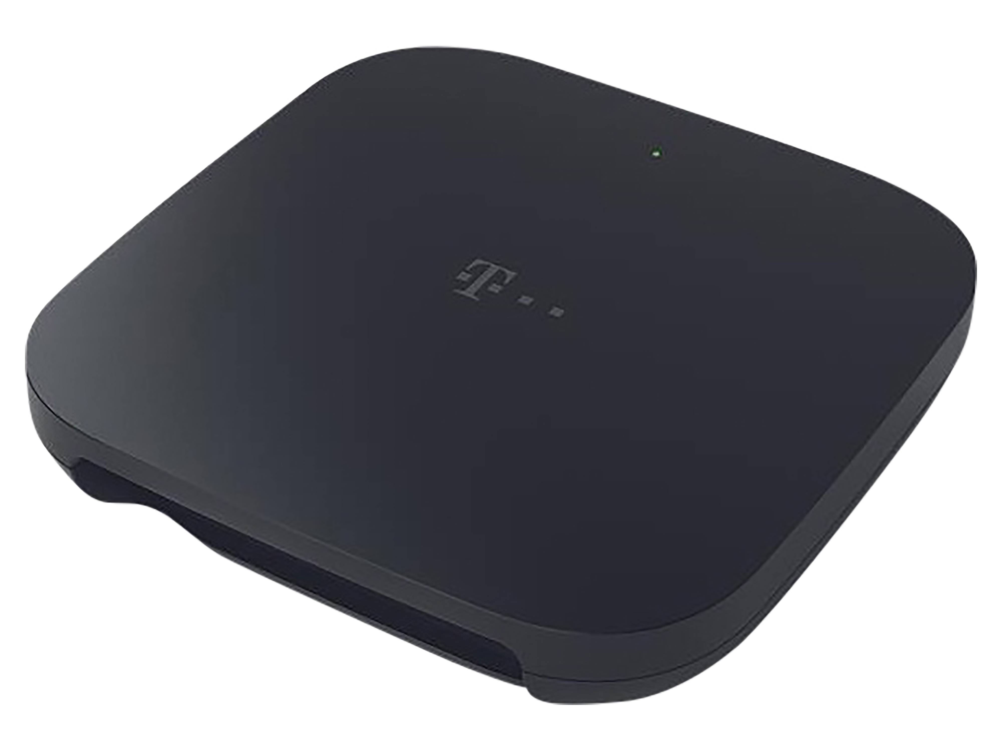Schwarzer WLAN-Router mit einem dezenten Anzeigelicht auf der Oberseite, der ein kleines Logo in der Mitte aufweist.